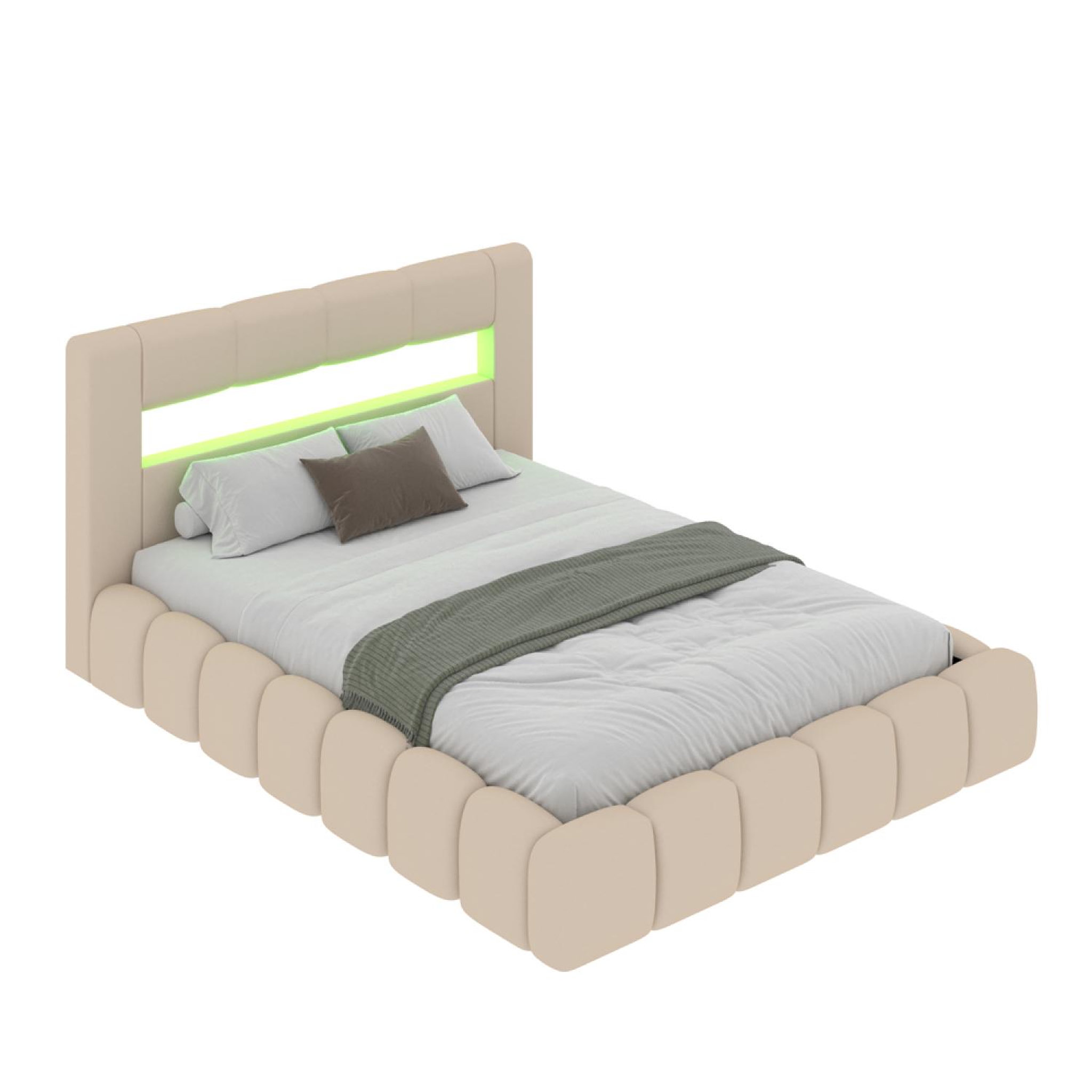 Voir la diapositive 5 : CONCEPT USINE Lit coffre led style nuage 180x200cm en velours beige avec tête de lit et sommier omaha