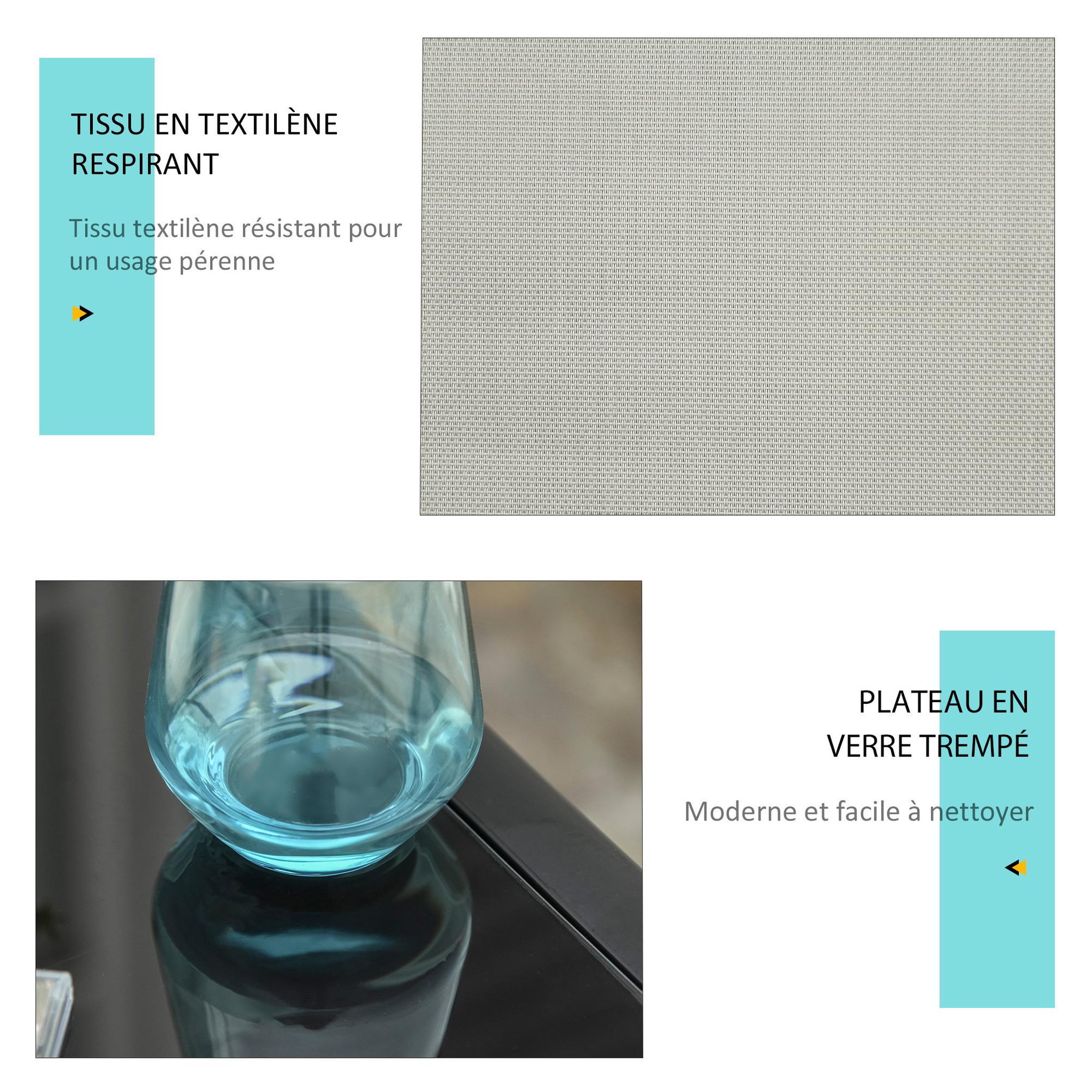 Voir la diapositive 5 : OUTSUNNY Lot de 2 bains de soleil design contemporain table basse plateau verre trempé métal époxy textilène grège