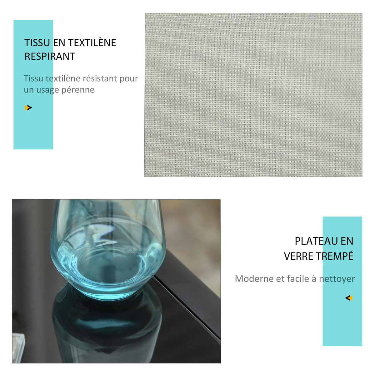 OUTSUNNY Lot de 2 bains de soleil design contemporain table basse plateau verre trempé métal époxy textilène grège