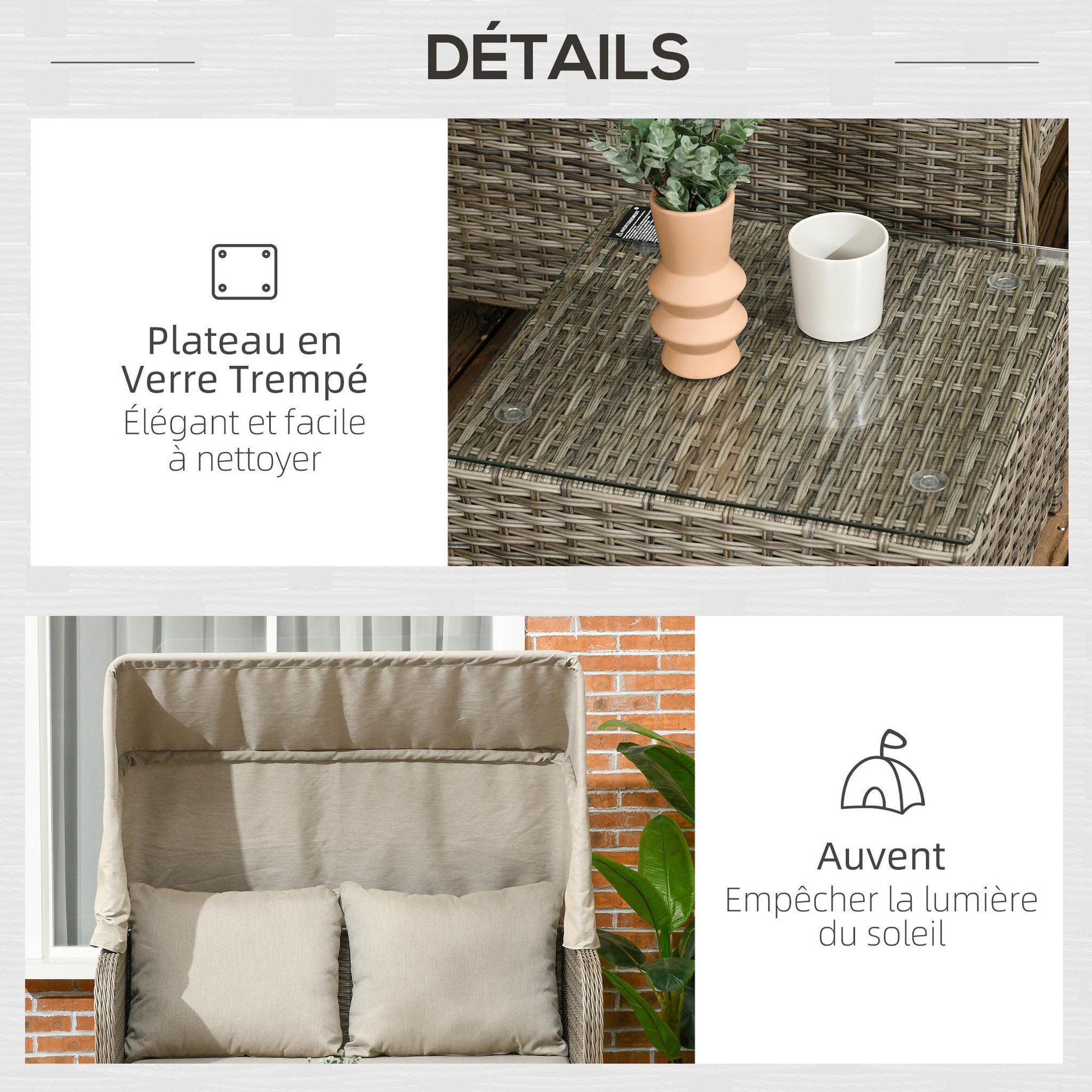 Voir la diapositive 6 : OUTSUNNY Ensemble salon de jardin 2 places 4 pcs - canapé, repose-pieds, 2 tables basses - coussins inclus - résine grise polyester kaki