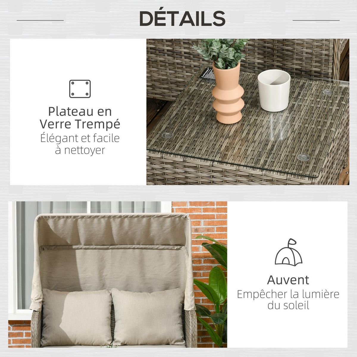 OUTSUNNY Ensemble salon de jardin 2 places 4 pcs - canapé, repose-pieds, 2 tables basses - coussins inclus - résine grise polyester kaki