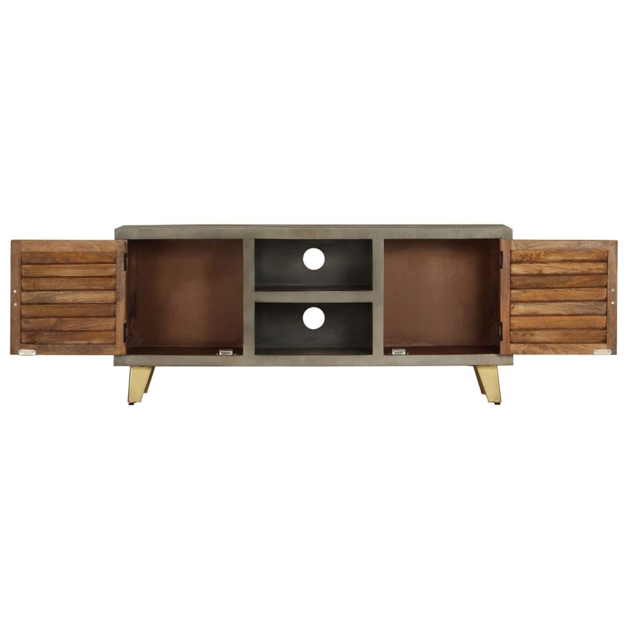 Voir la diapositive 3 : VIDAXL Meuble tv bois solide de manguier gris avec laiton 110x30x48 cm