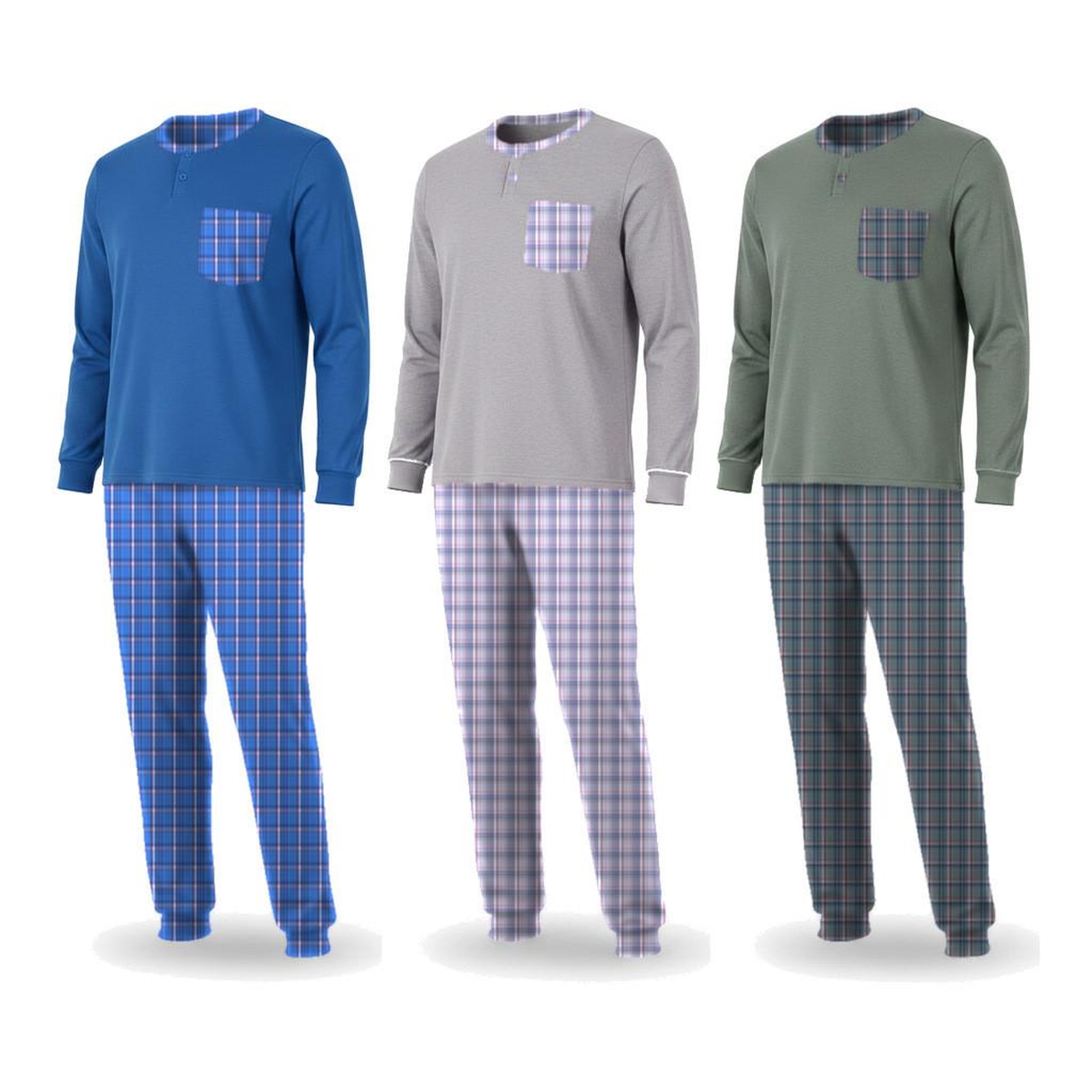 Voir la diapositive 1 : OZABI OZABI Pyjama Homme Long Pack de 3, Coton Doublé Polaire, Col Boutonné
