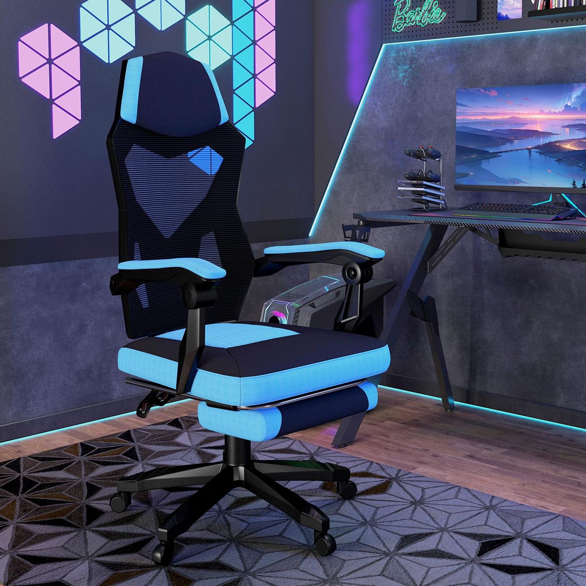 HOMCOM Fauteuil gaming chaise gamer dossier et hauteur réglable roulettes pivotantes repose-pied tissu maille bleu noir