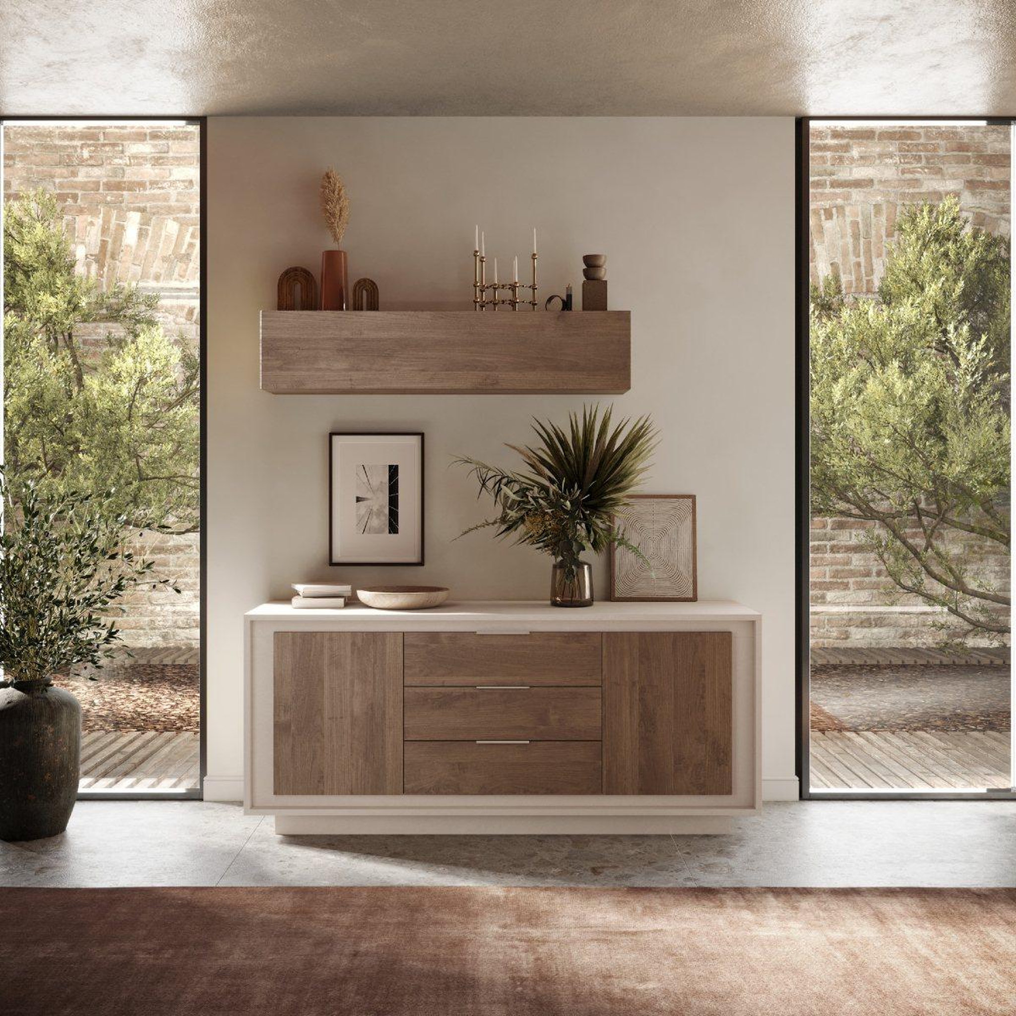 Voir la diapositive 2 : JLC KREATION Buffet bas beige et noyer 2 portes-3 tiroirs 180cm yori