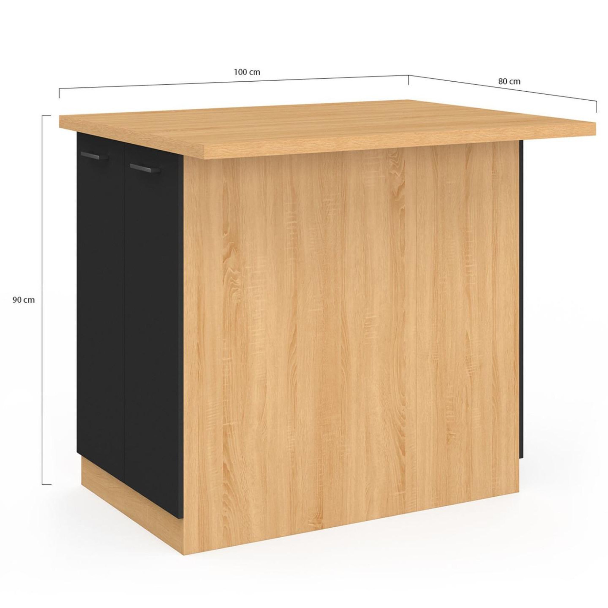 Voir la diapositive 6 : ID MARKET Ilot central ivo 100 cm bois façon hêtre portes noires avec plan de travail