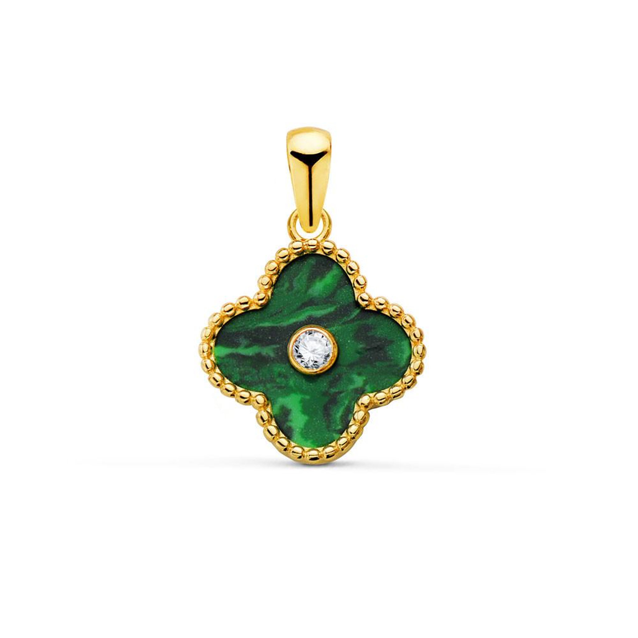 L'ATELIER D'AZUR Pendentif Trèfle à Quatre Feuilles Or 18 Carats 750 Jaune - Malachite et Zirconium - Chaine Offerte