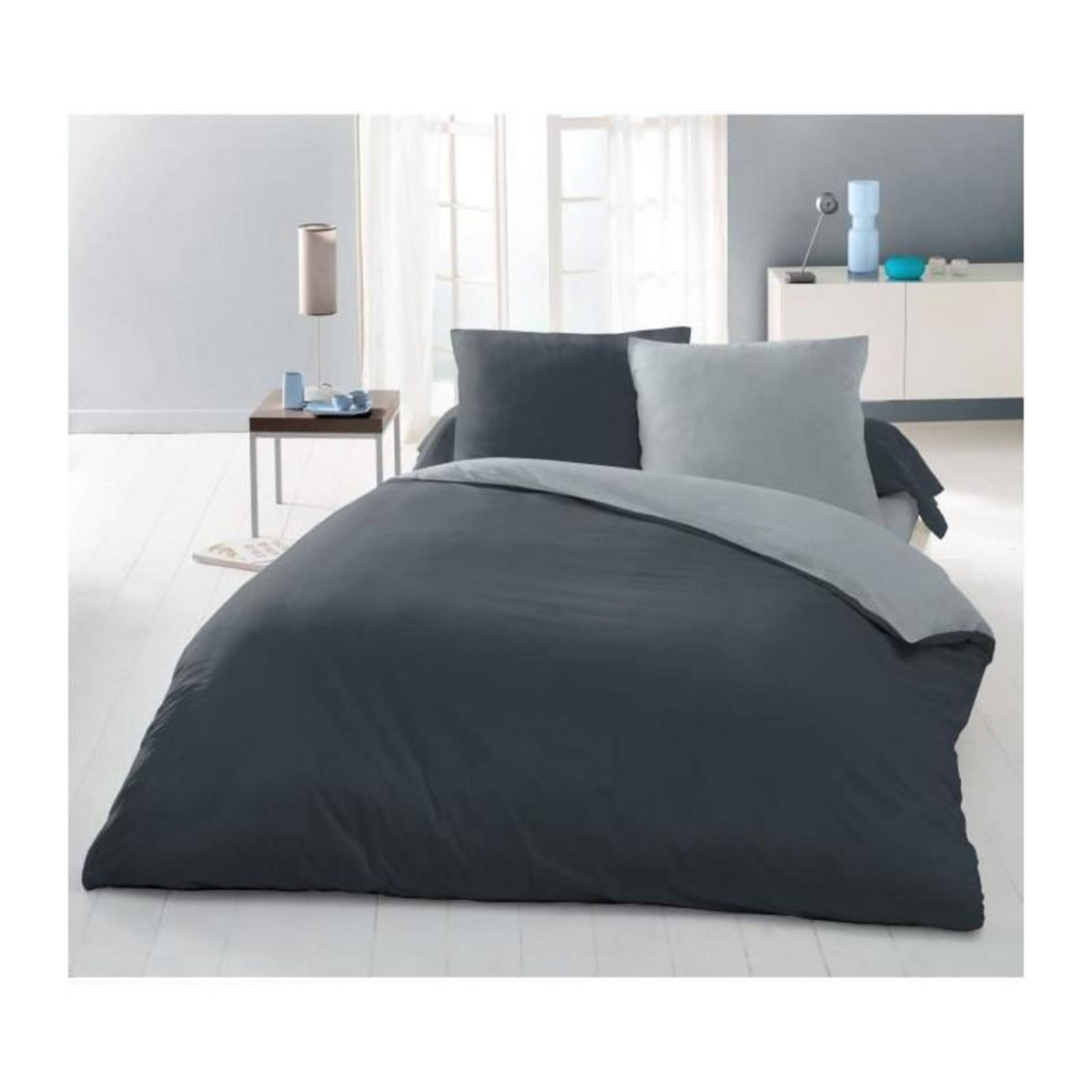 LOVELY HOME Parure housse de couette 2 personnes - 220x240 cm - 100% Coton - Bicolore Gris clair et foncé