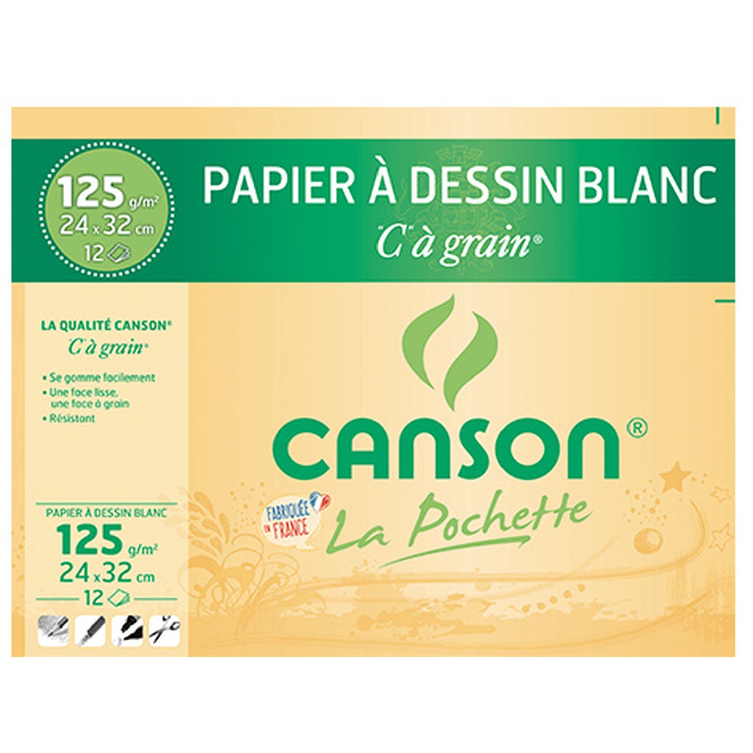 CANSON Pochette de papier à dessin 12 feuilles 24x32cm 125g/m2 blanc