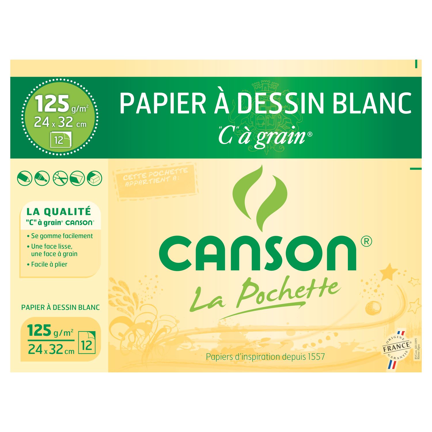 Voir la diapositive 2 : CANSON Pochette de papier à dessin 12 feuilles 24x32cm 125g/m2 blanc