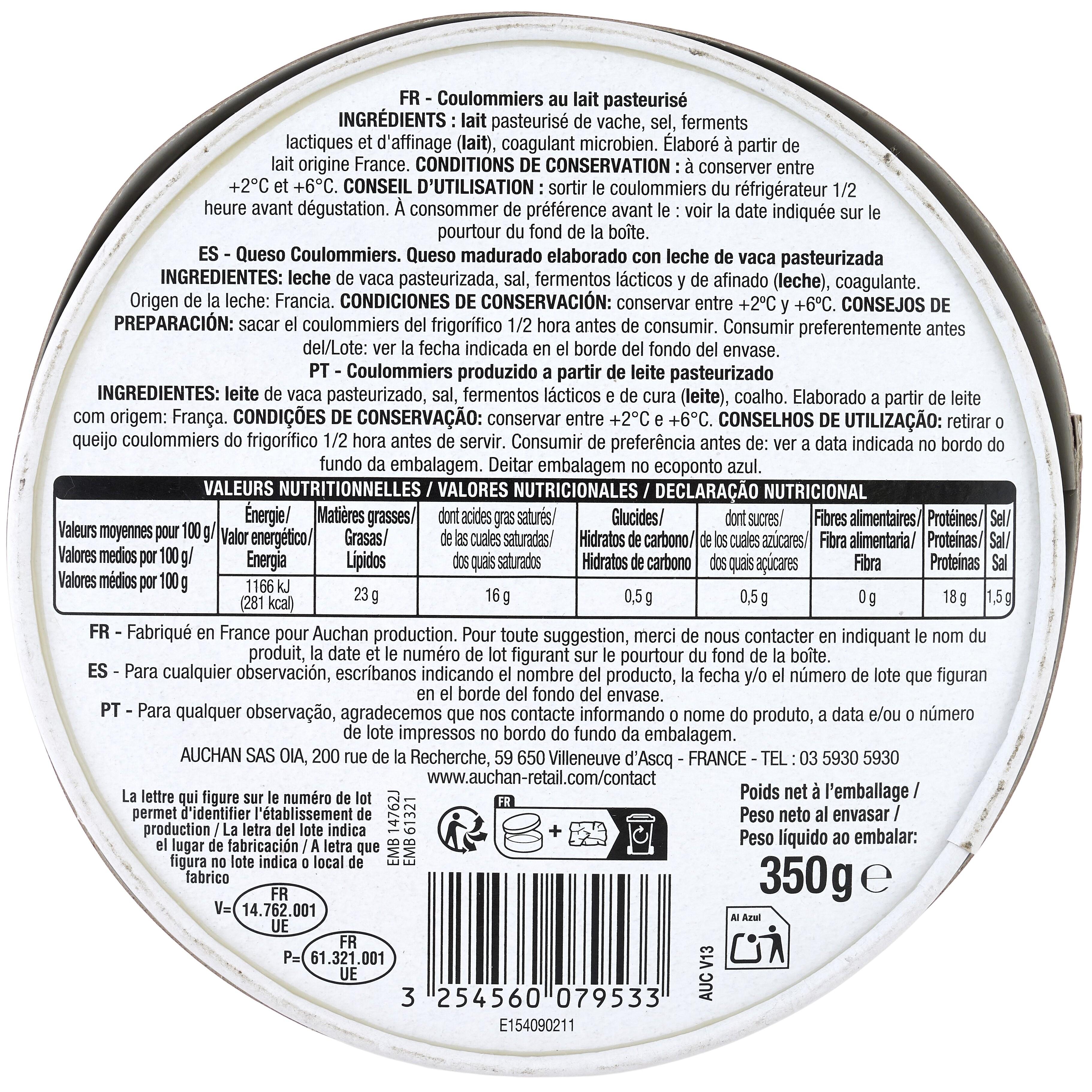 Voir la diapositive 2 : AUCHAN Le Coulommiers 350g