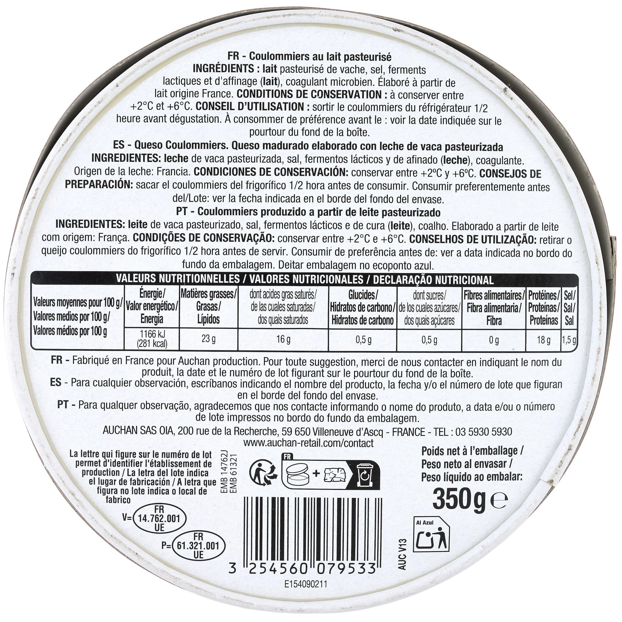 Voir la diapositive 4 : AUCHAN Le Coulommiers 350g