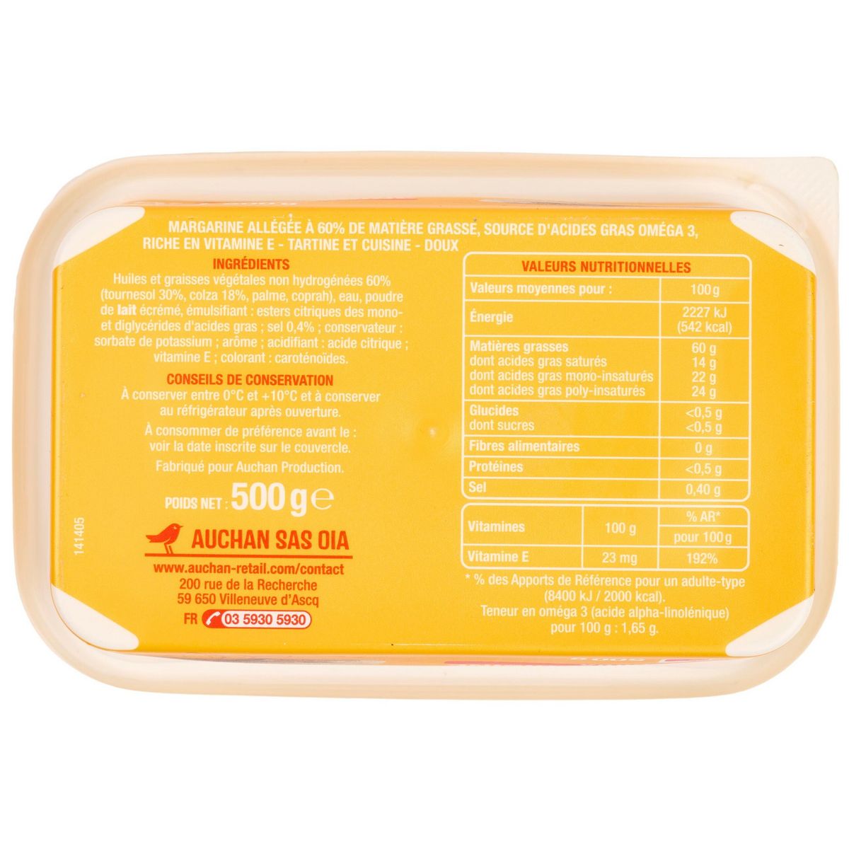 AUCHAN Margarine doux pour tartine et cuisson 500g
