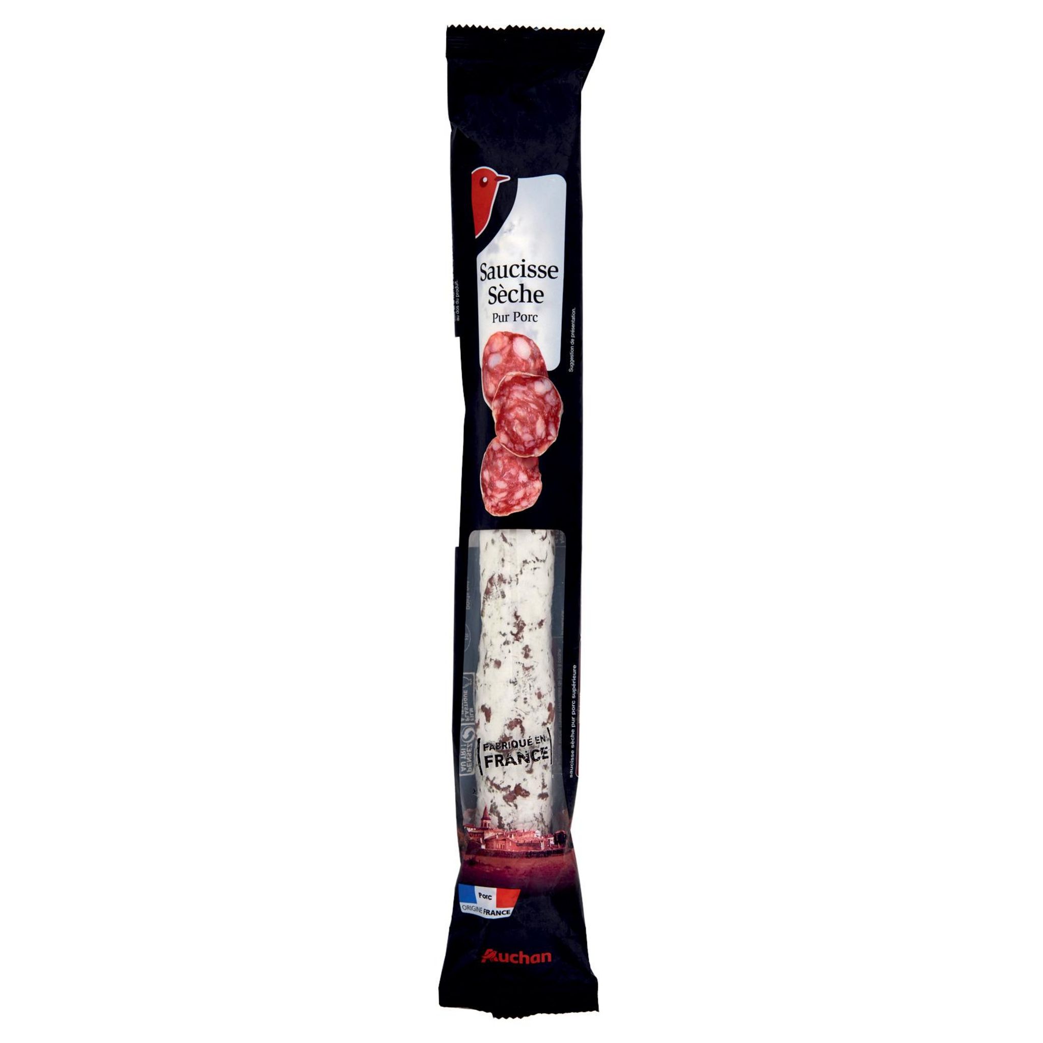 Voir la diapositive 2 : AUCHAN Saucisse sèche droite pur Porc 250g