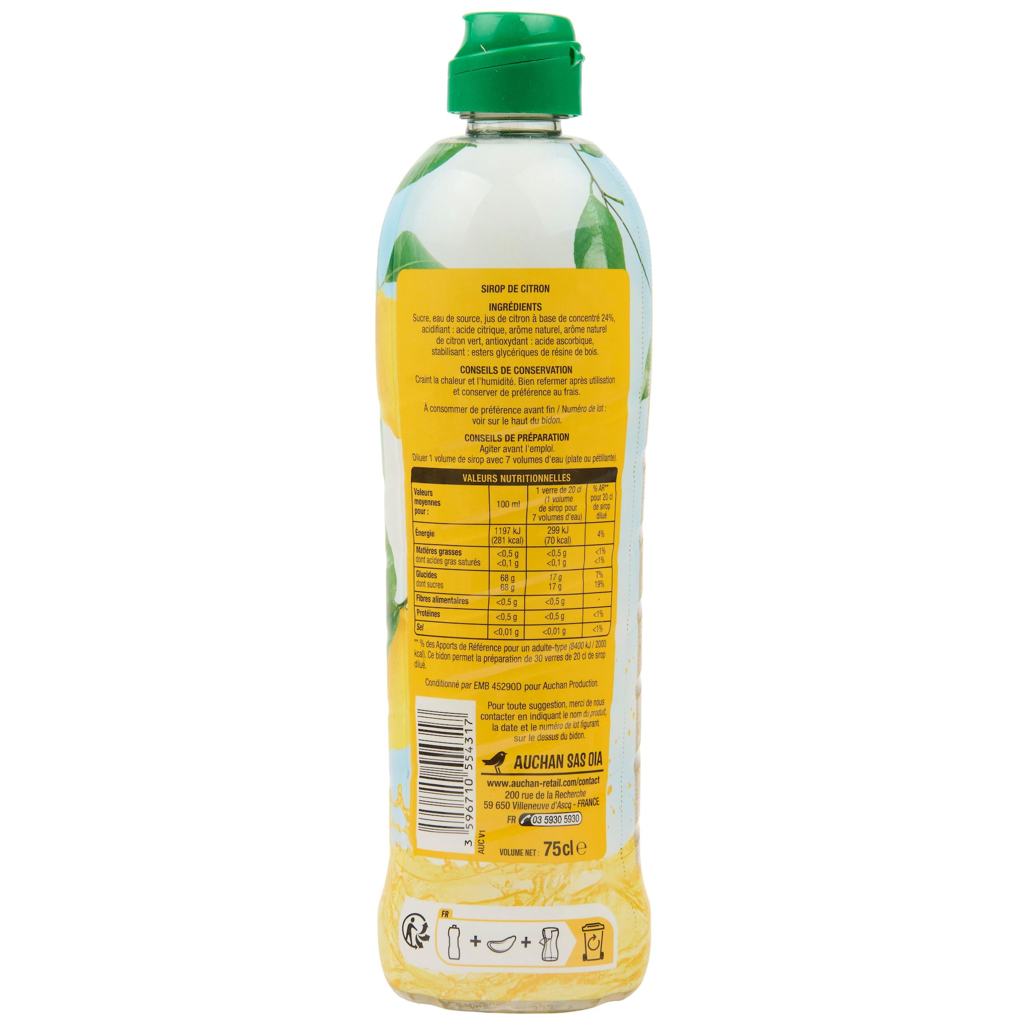 Voir la diapositive 2 : AUCHAN Sirop de citron bidon métal 75cl