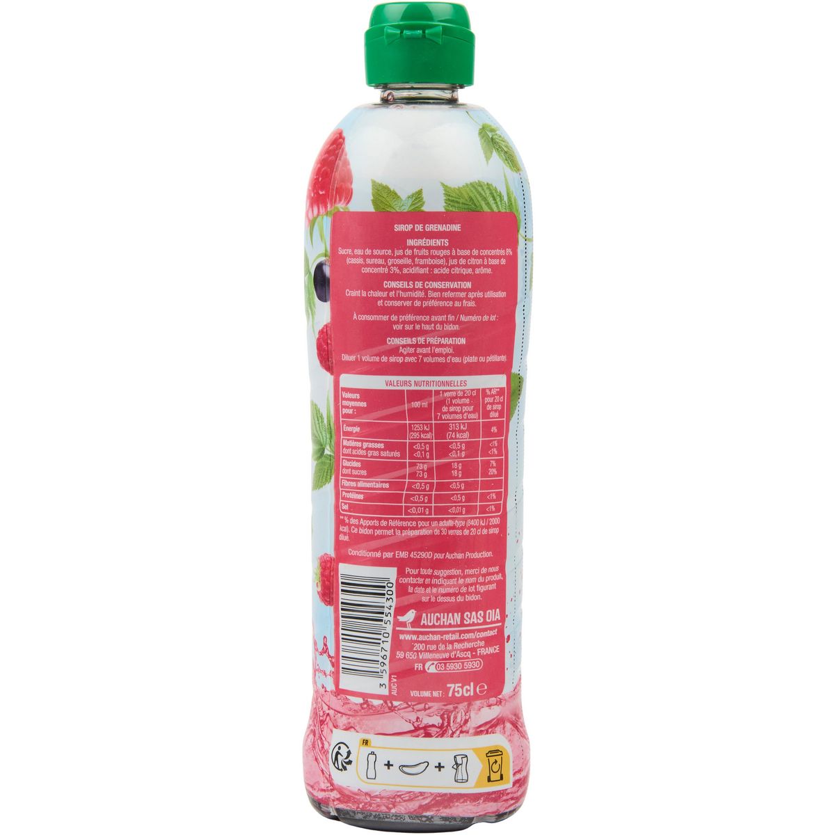 AUCHAN Sirop de grenadine bidon 75cl