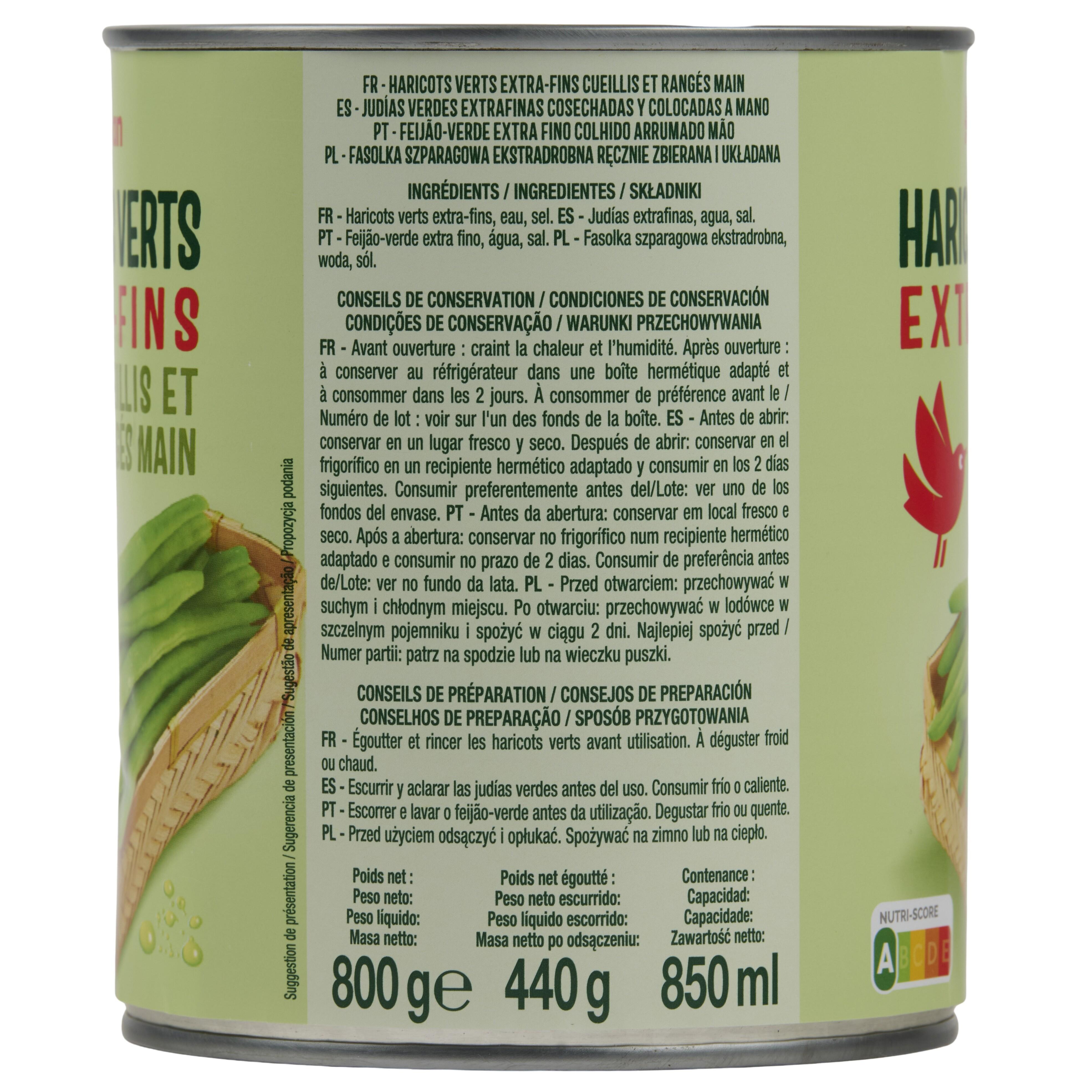Voir la diapositive 2 : AUCHAN Haricots verts extra fins cueillis et rangés main 440g