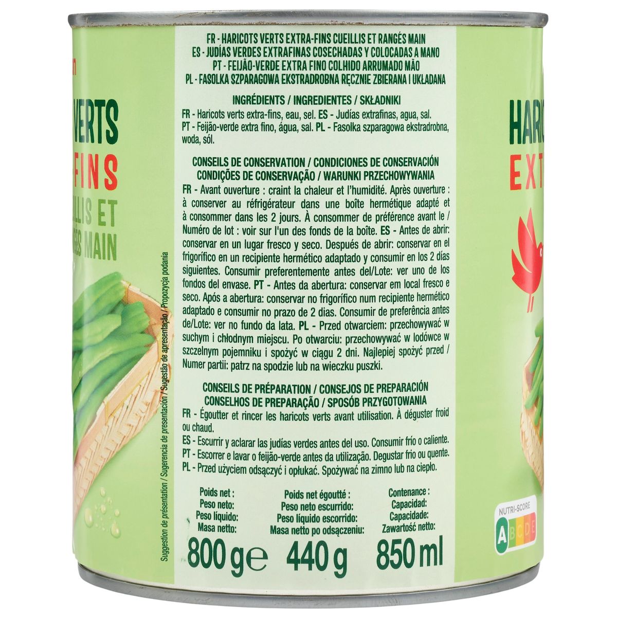 AUCHAN Haricots verts extra fins cueillis et rangés main 440g