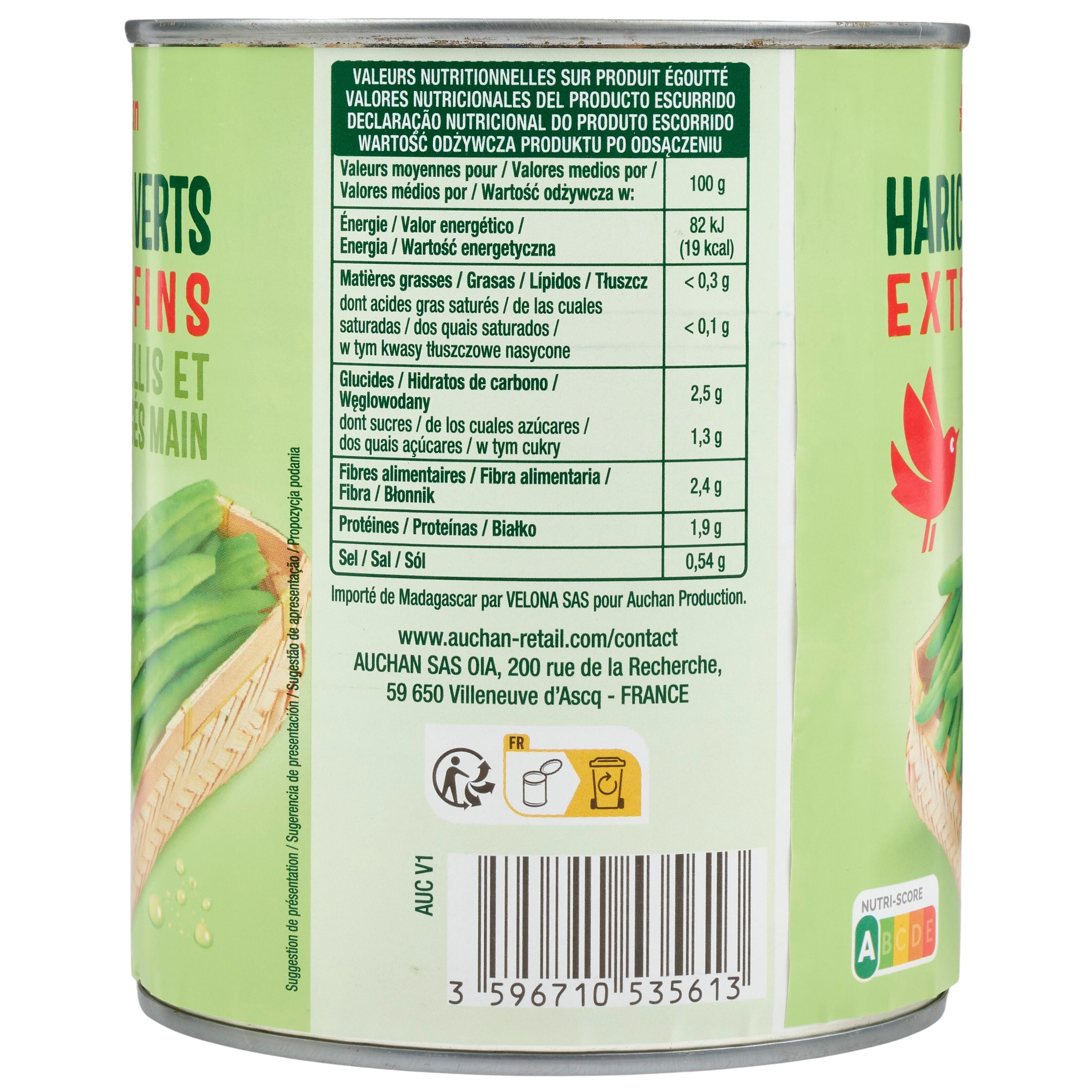 Voir la diapositive 3 : AUCHAN Haricots verts extra fins cueillis et rangés main 440g