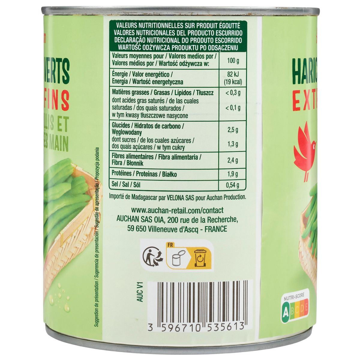 AUCHAN Haricots verts extra fins cueillis et rangés main 440g