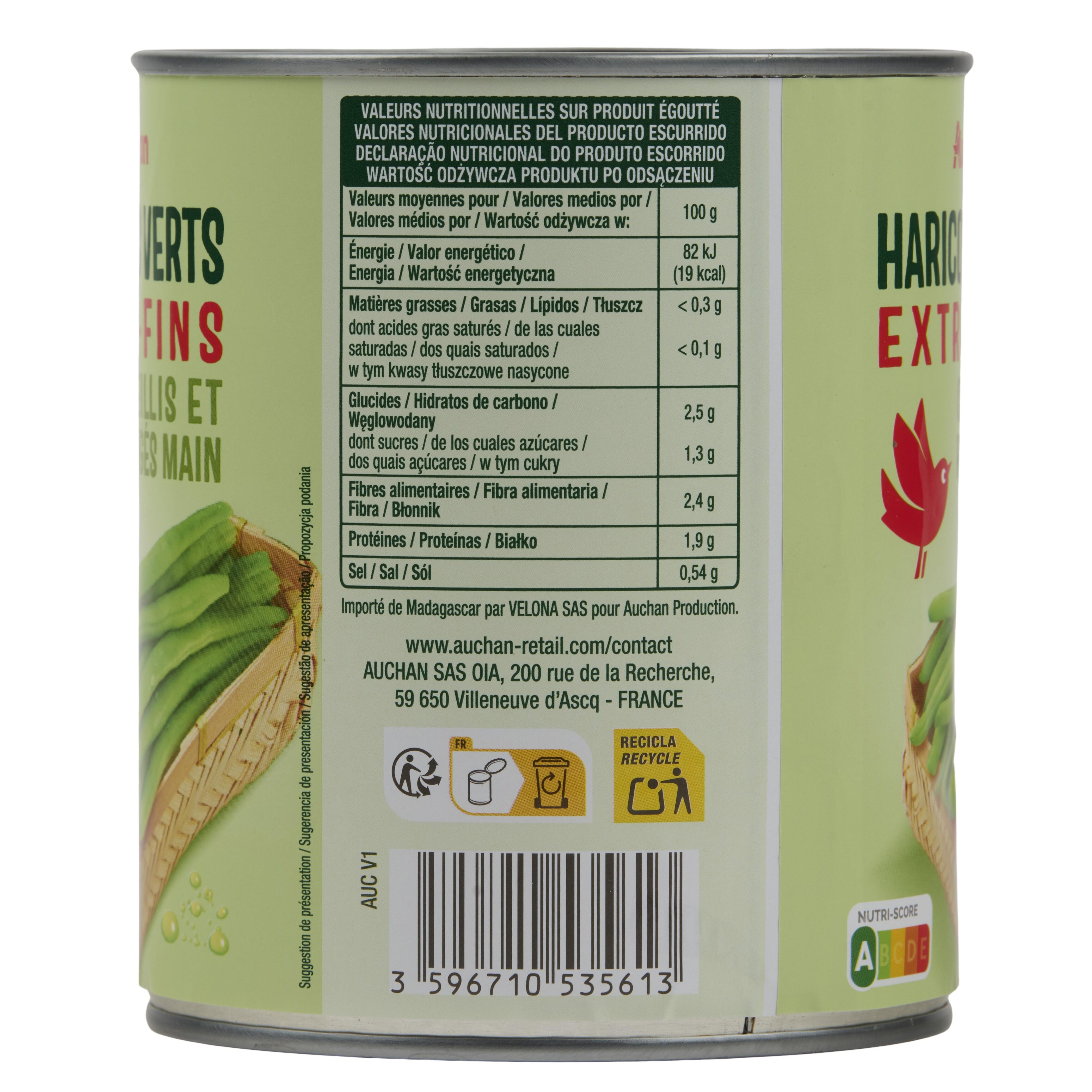 Voir la diapositive 5 : AUCHAN Haricots verts extra fins cueillis et rangés main 440g