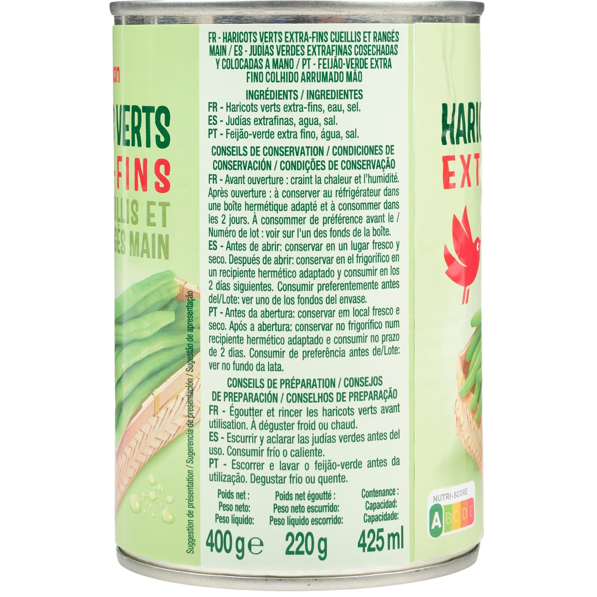 Voir la diapositive 2 : AUCHAN Haricots verts extra-fins cueillis et rangés main 220g