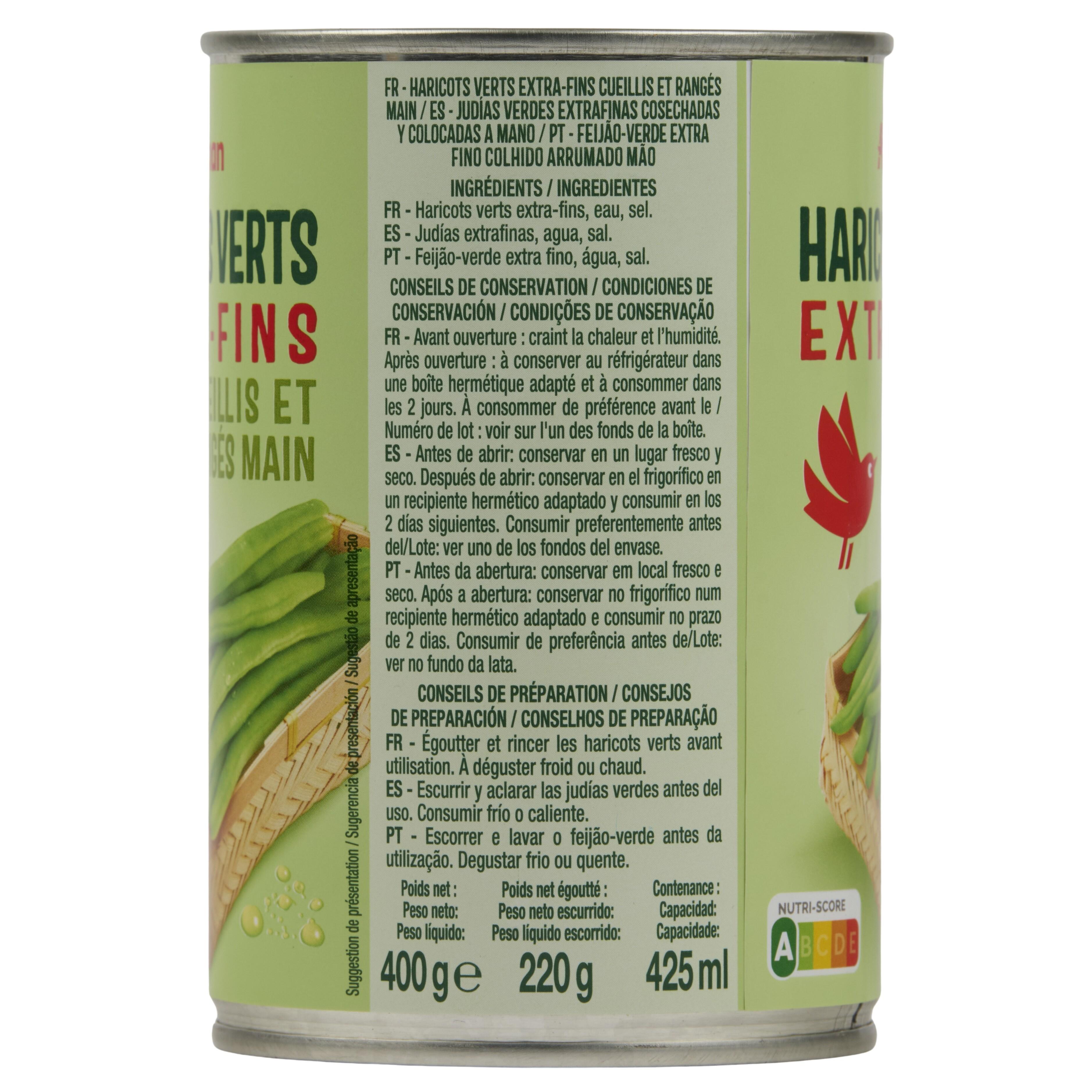 Voir la diapositive 3 : AUCHAN Haricots verts extra-fins cueillis et rangés main 220g