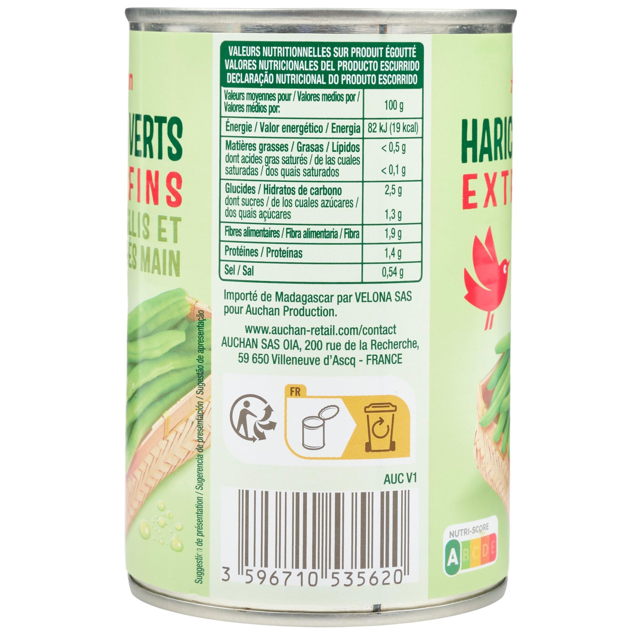 Voir la diapositive 4 : AUCHAN Haricots verts extra-fins cueillis et rangés main 220g