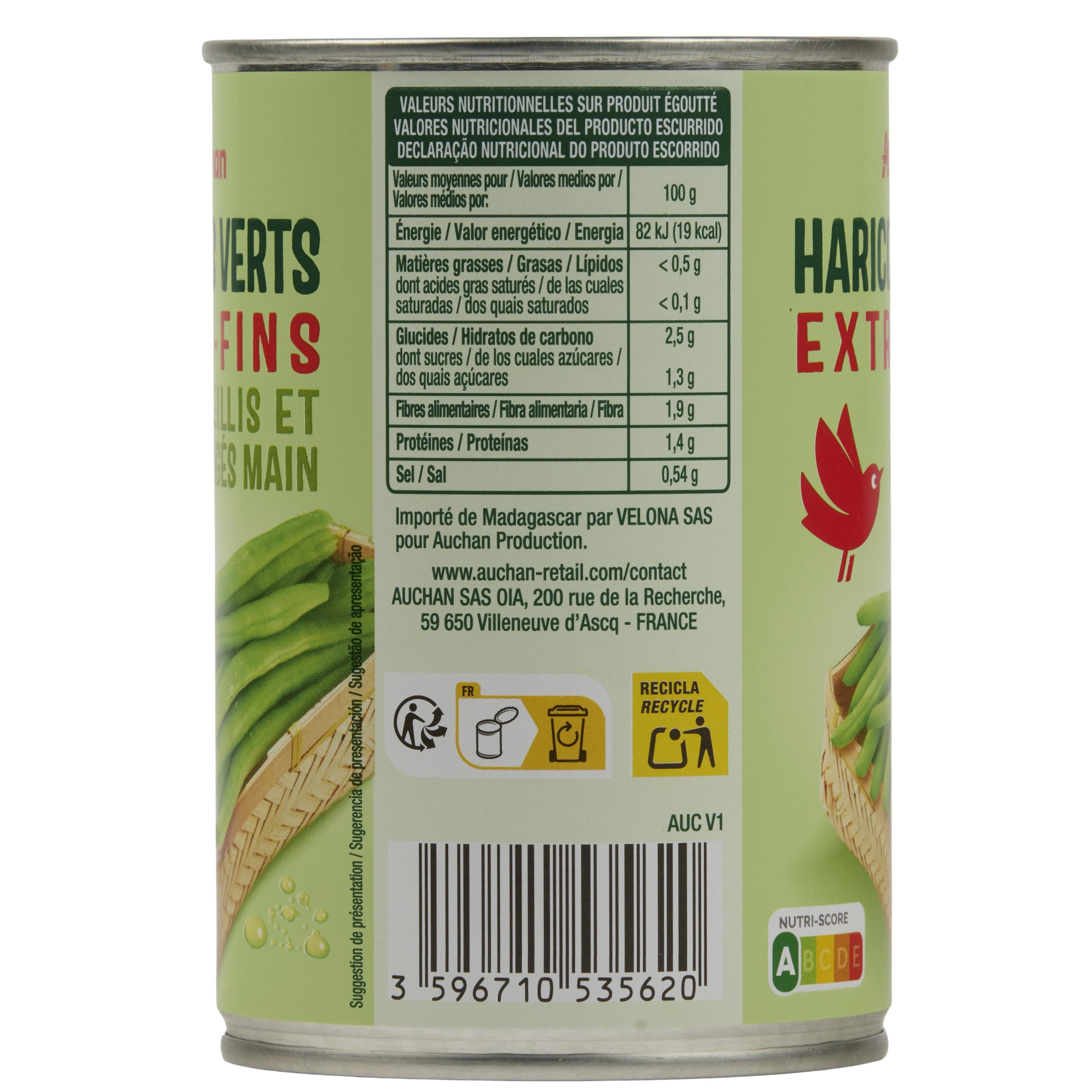 Voir la diapositive 6 : AUCHAN Haricots verts extra-fins cueillis et rangés main 220g