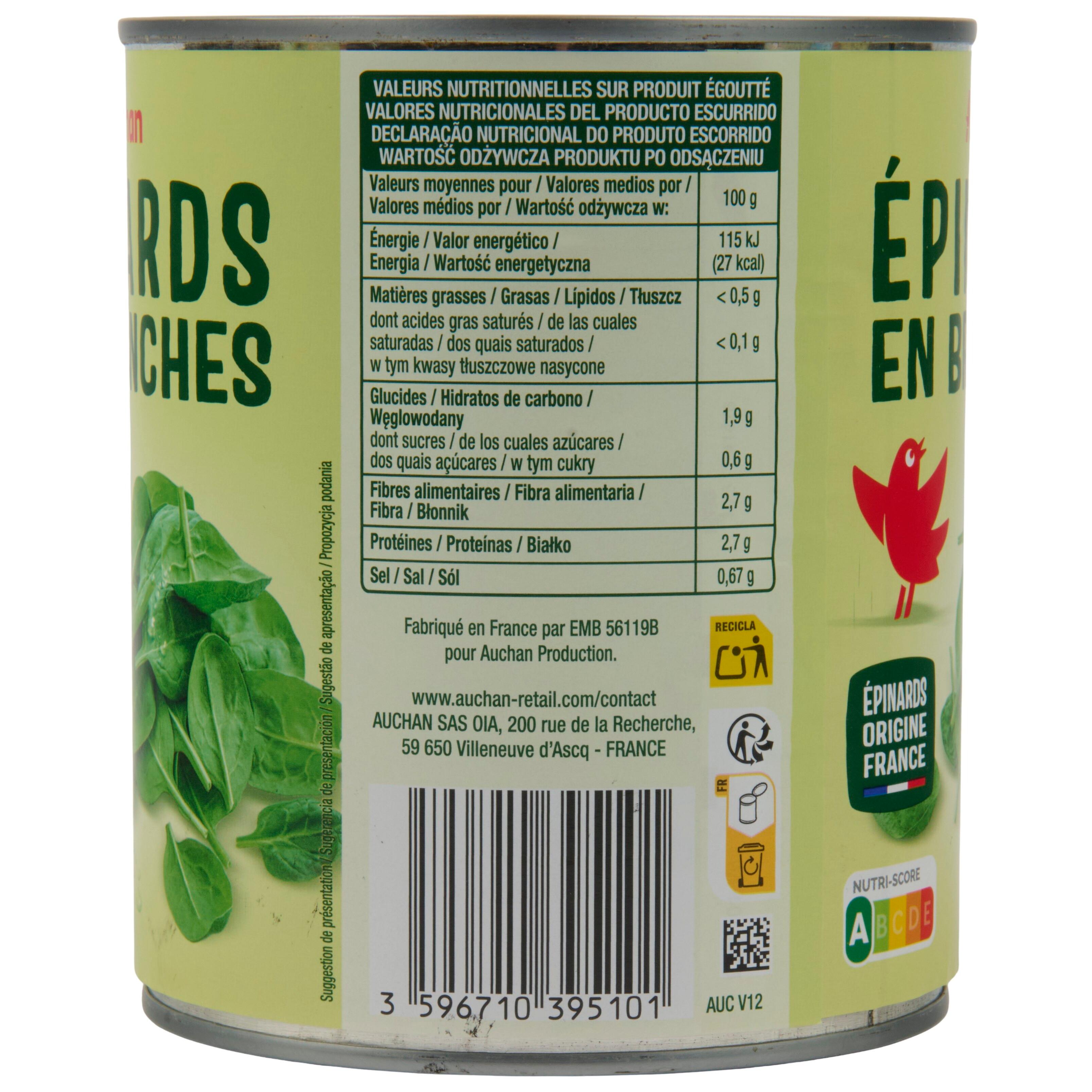 Voir la diapositive 2 : AUCHAN Epinards en branches 530g