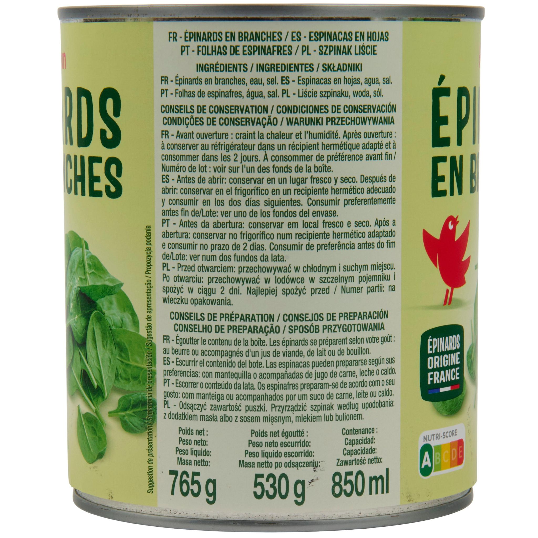 Voir la diapositive 3 : AUCHAN Epinards en branches 530g