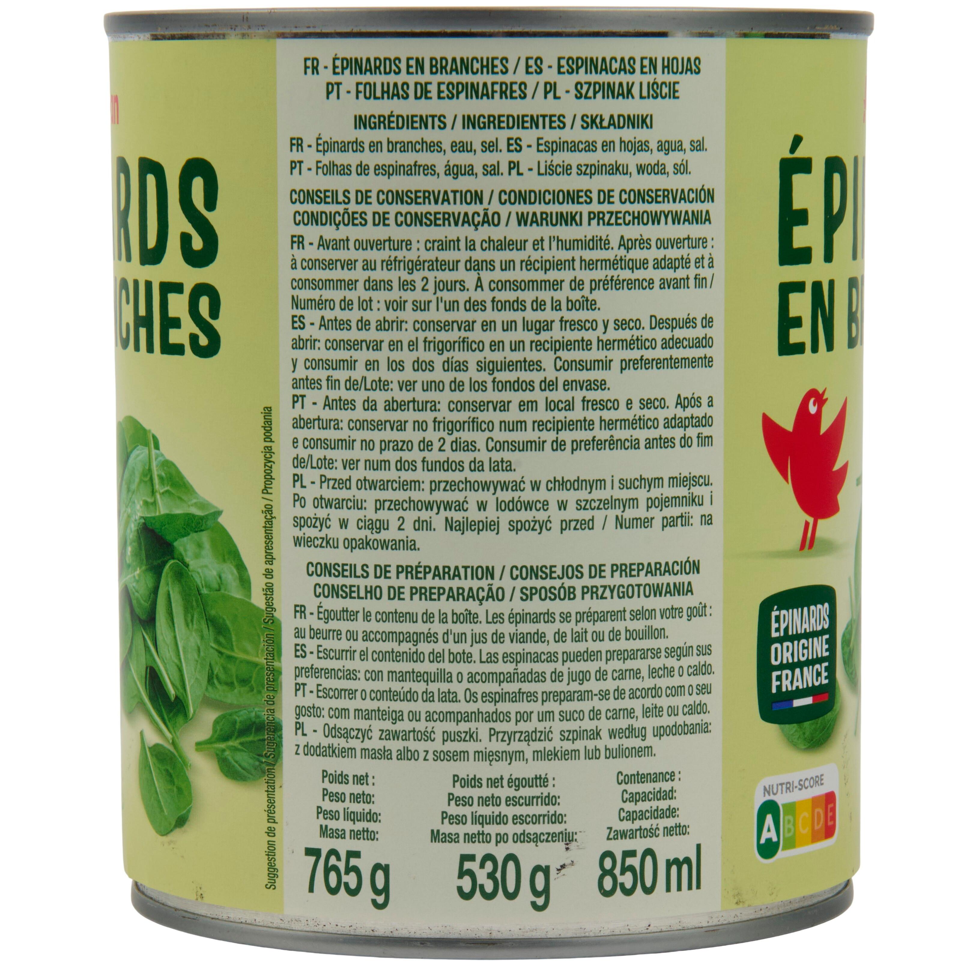 Voir la diapositive 4 : AUCHAN Epinards en branches 530g