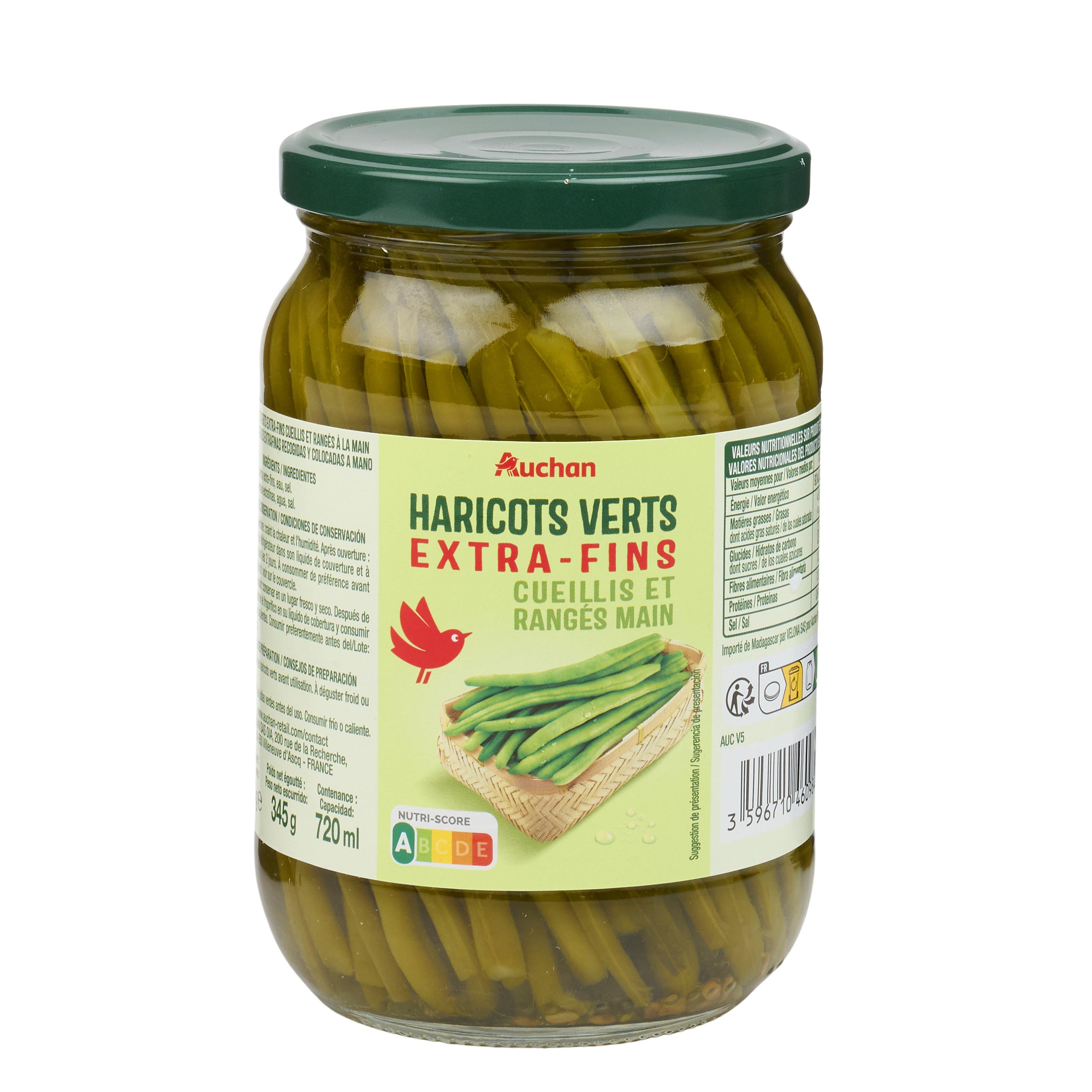 Voir la diapositive 2 : AUCHAN Haricots verts extra fins cueillis et rangés main en bocal 345g