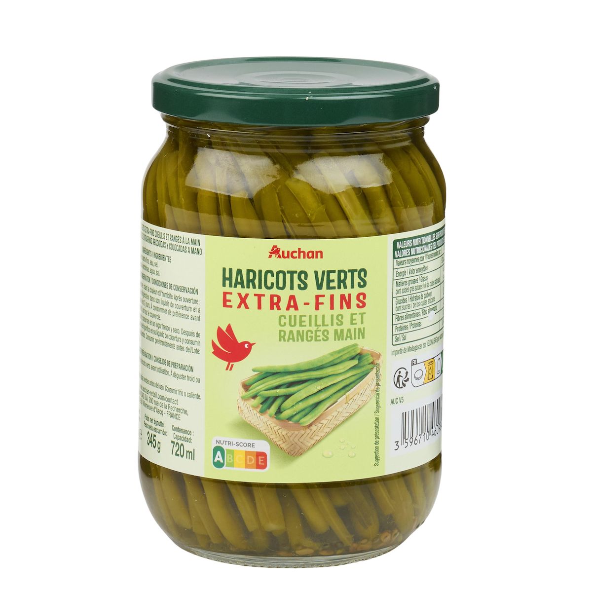 AUCHAN Haricots verts extra fins cueillis et rangés main en bocal 345g