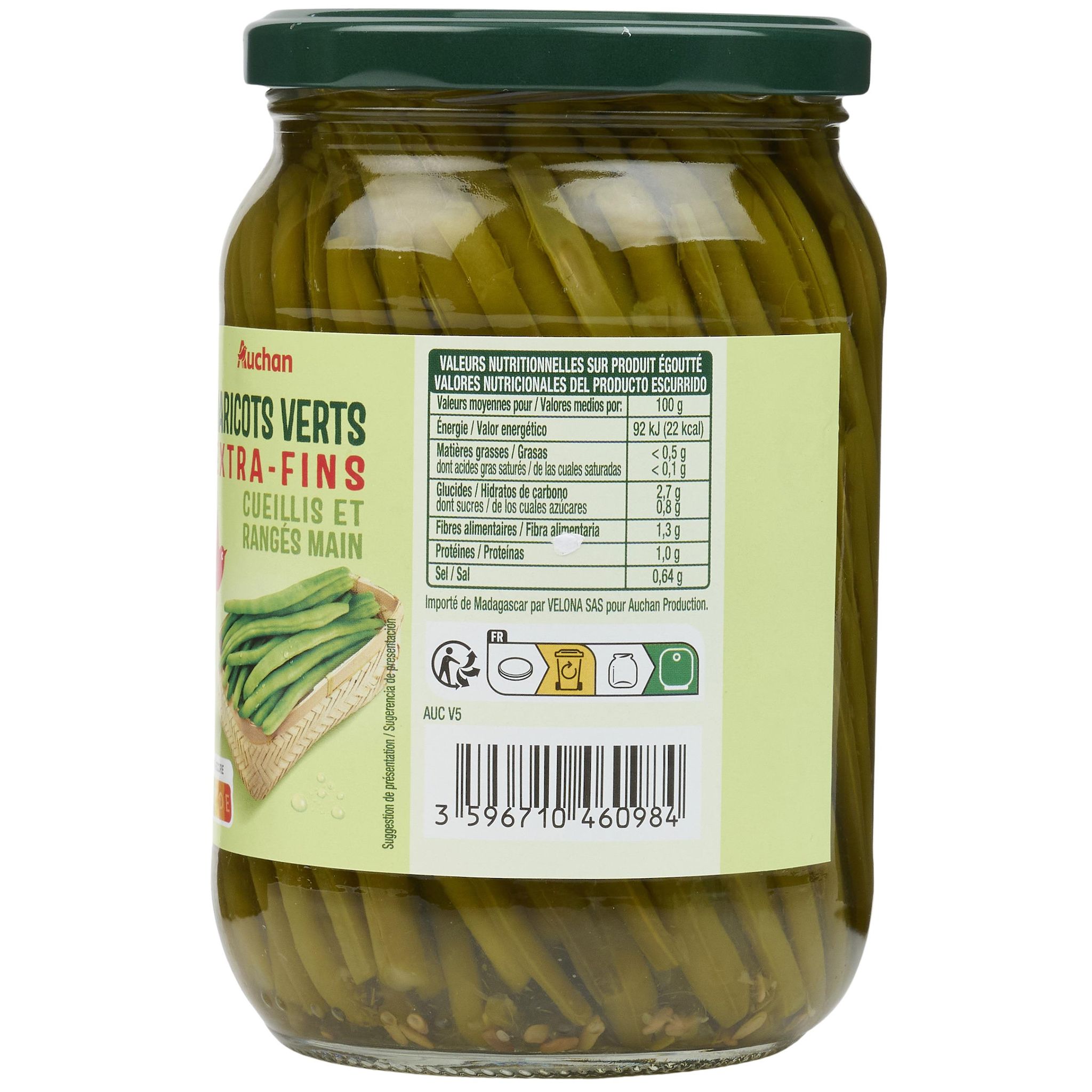 Voir la diapositive 2 : AUCHAN Haricots verts extra fins cueillis et rangés main en bocal 345g