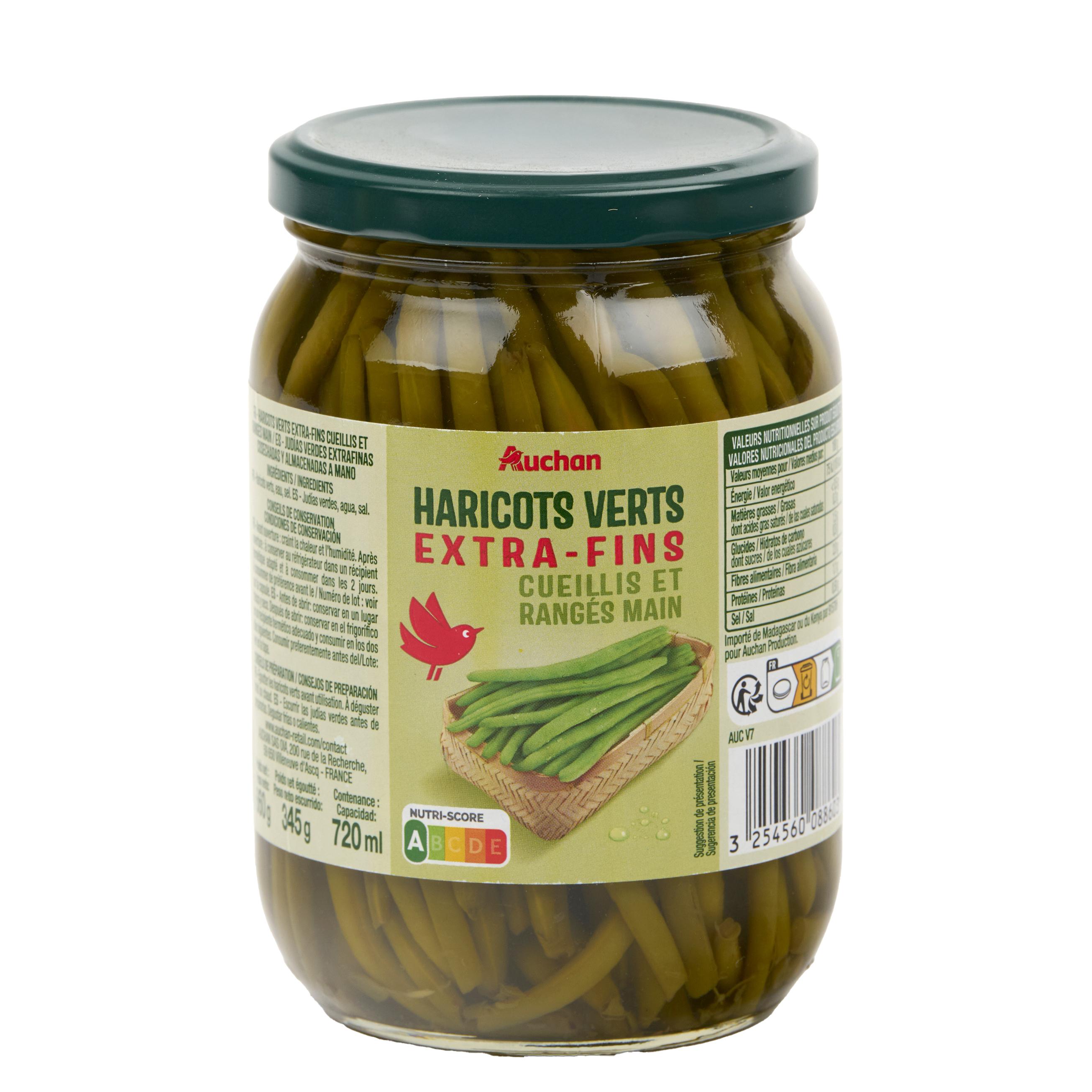 Voir la diapositive 3 : AUCHAN Haricots verts extra fins cueillis et rangés main en bocal 345g