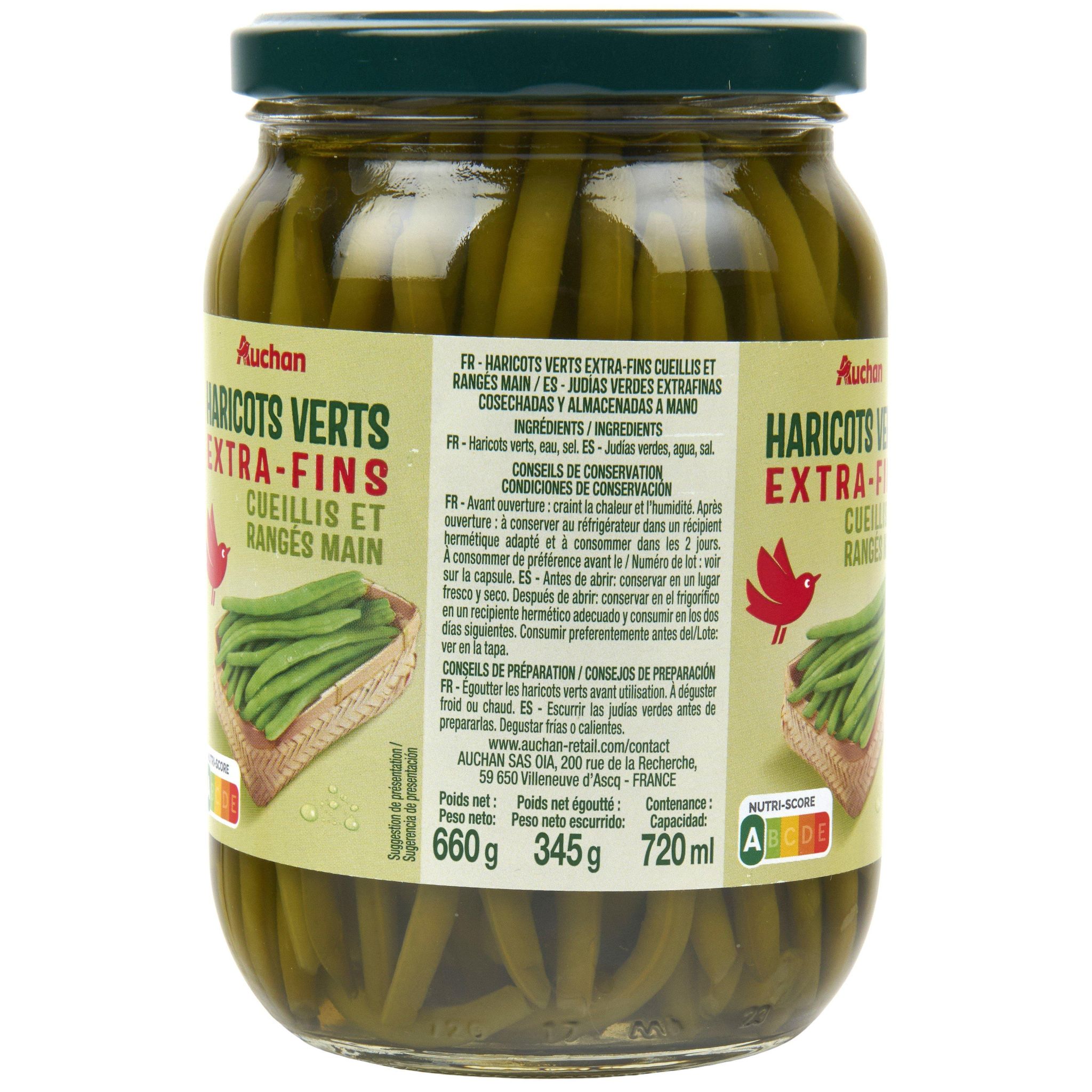 Voir la diapositive 4 : AUCHAN Haricots verts extra fins cueillis et rangés main en bocal 345g