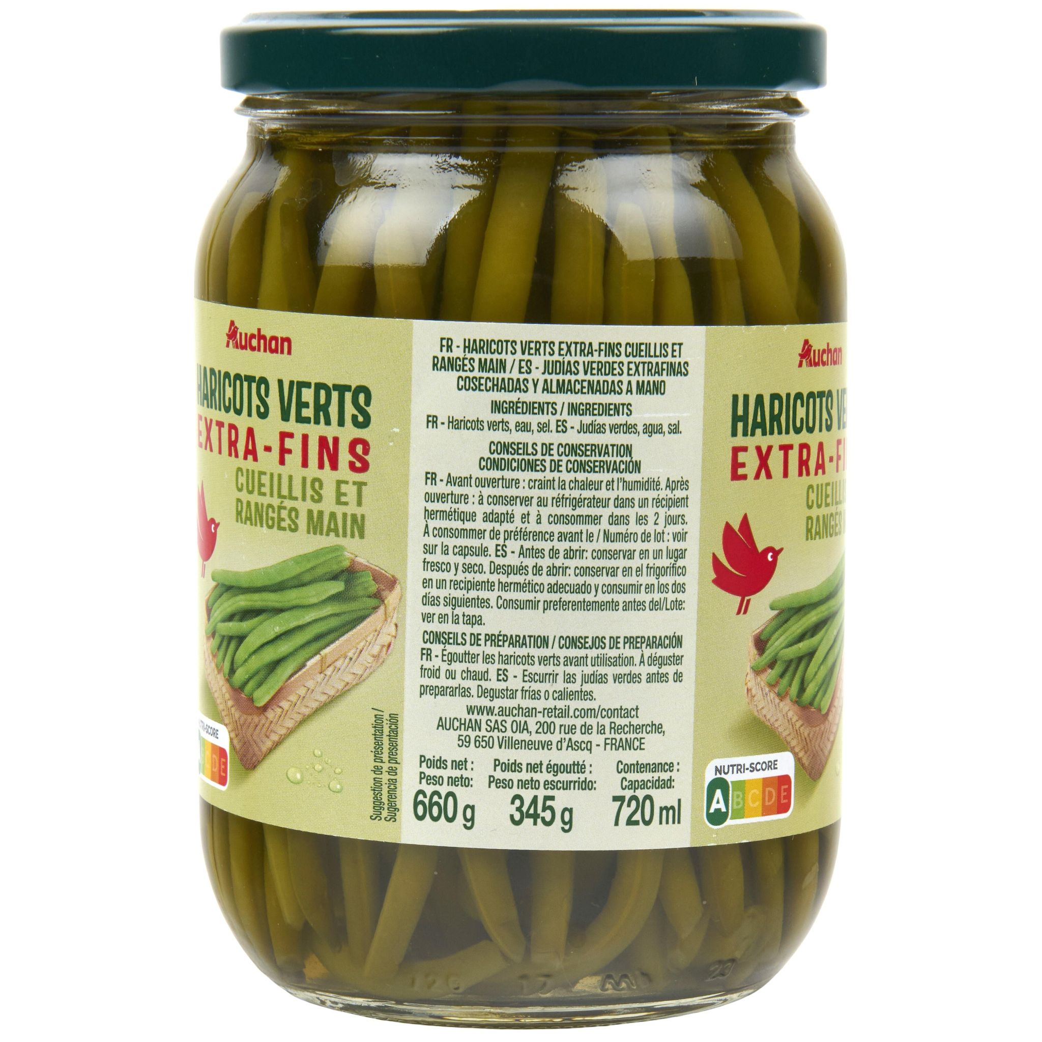 Voir la diapositive 5 : AUCHAN Haricots verts extra fins cueillis et rangés main en bocal 345g