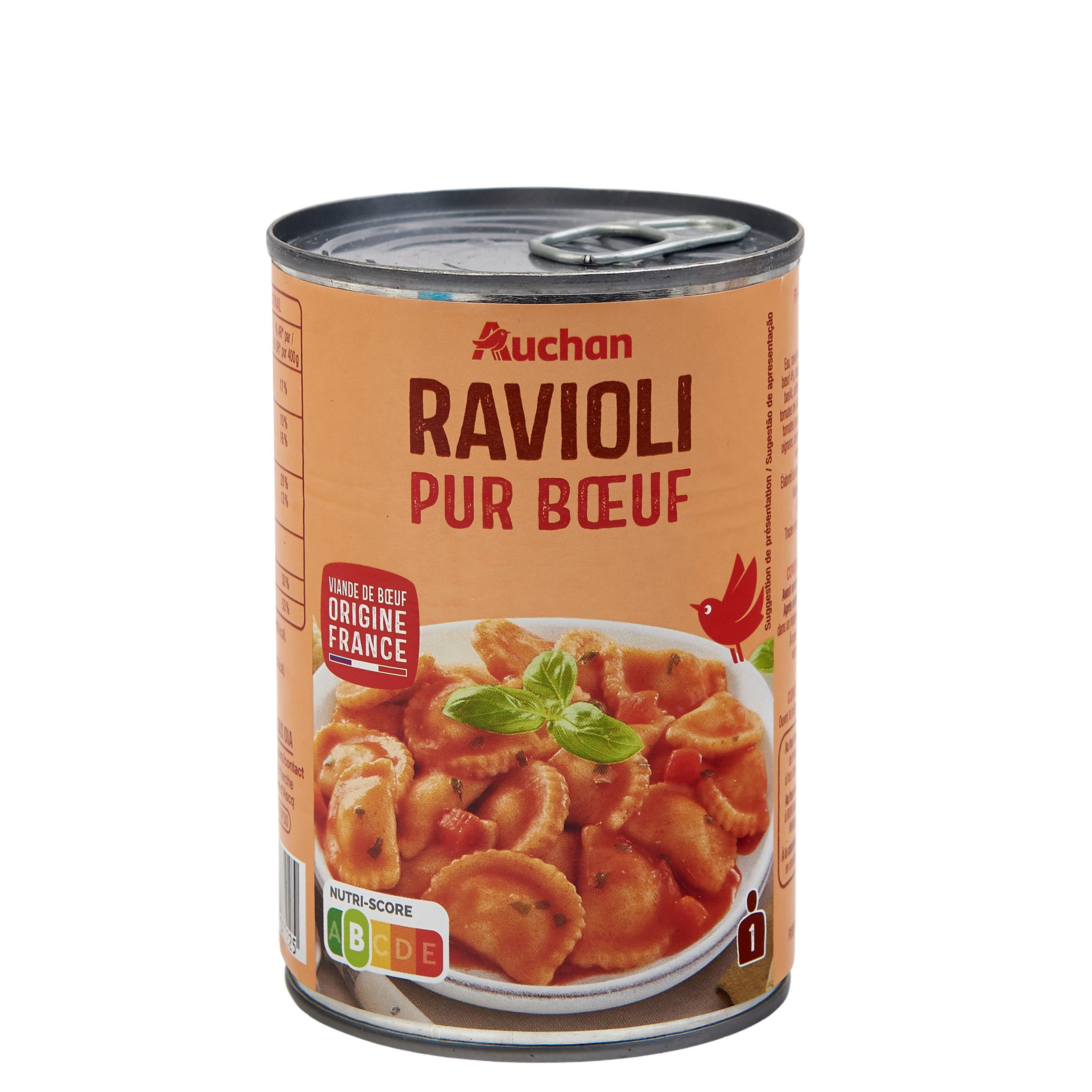Voir la diapositive 2 : AUCHAN Ravioli pur bœuf viande bovine origine France 1 personne 400g