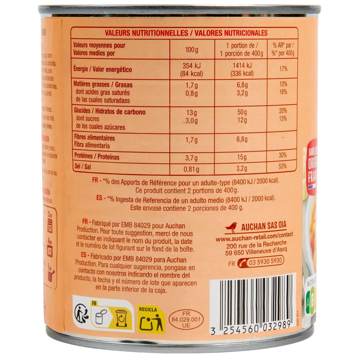 AUCHAN Ravioli pur bœuf viande bovine origine France 2 personnes 800g