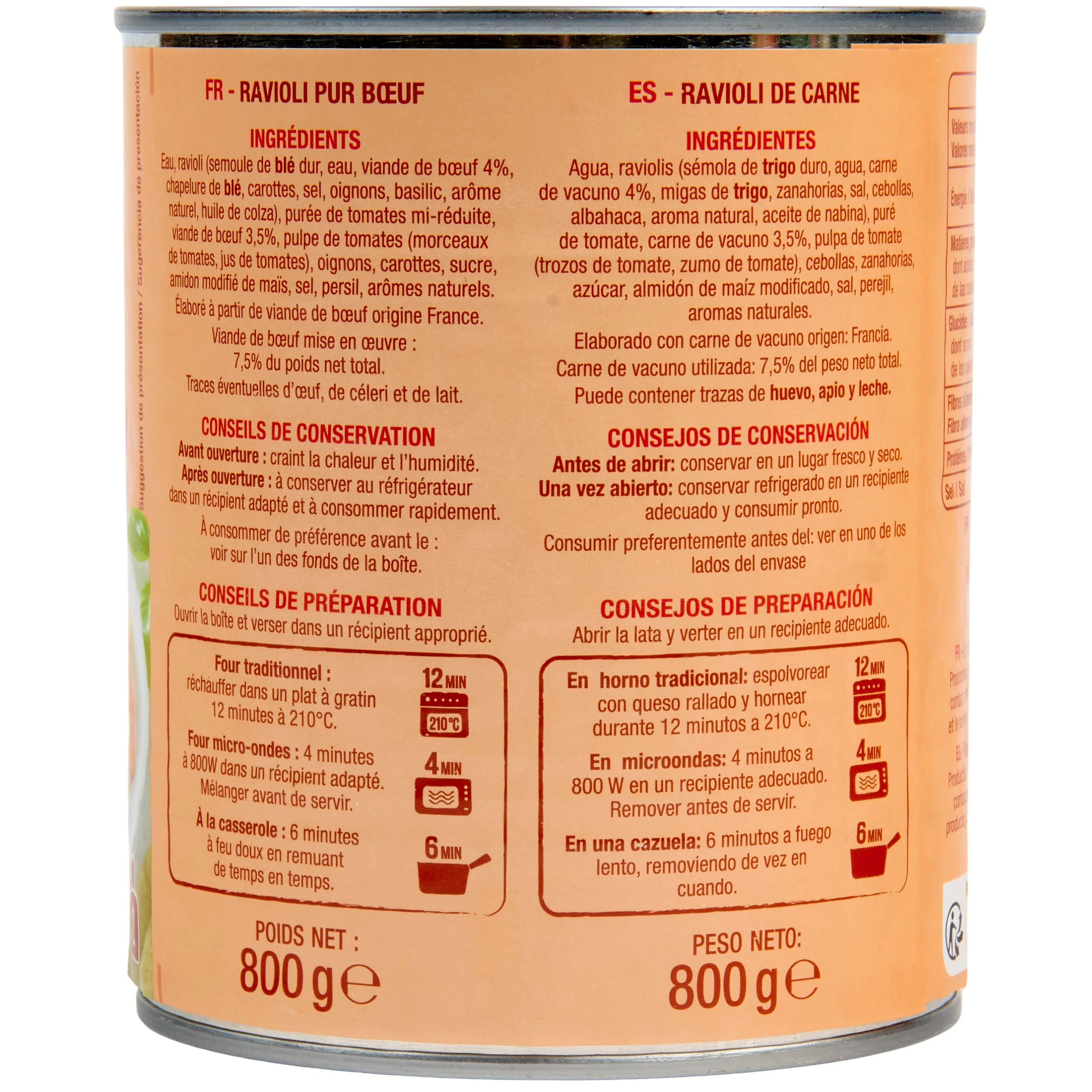 Voir la diapositive 3 : AUCHAN Ravioli pur bœuf viande bovine origine France 2 personnes 800g