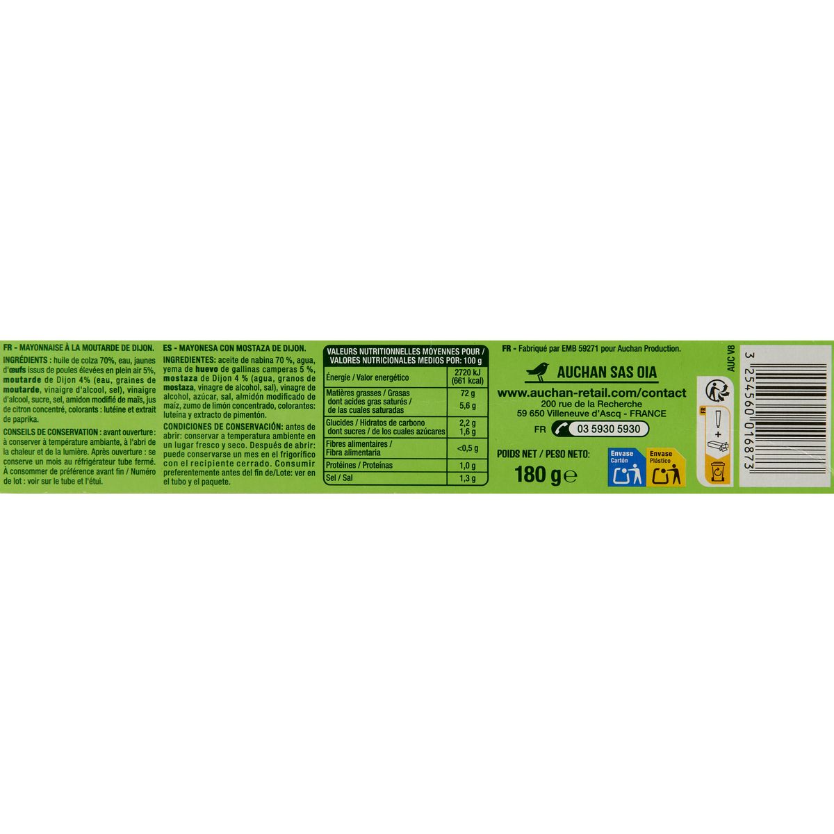 AUCHAN Mayonnaise aux œufs frais en tube 175g