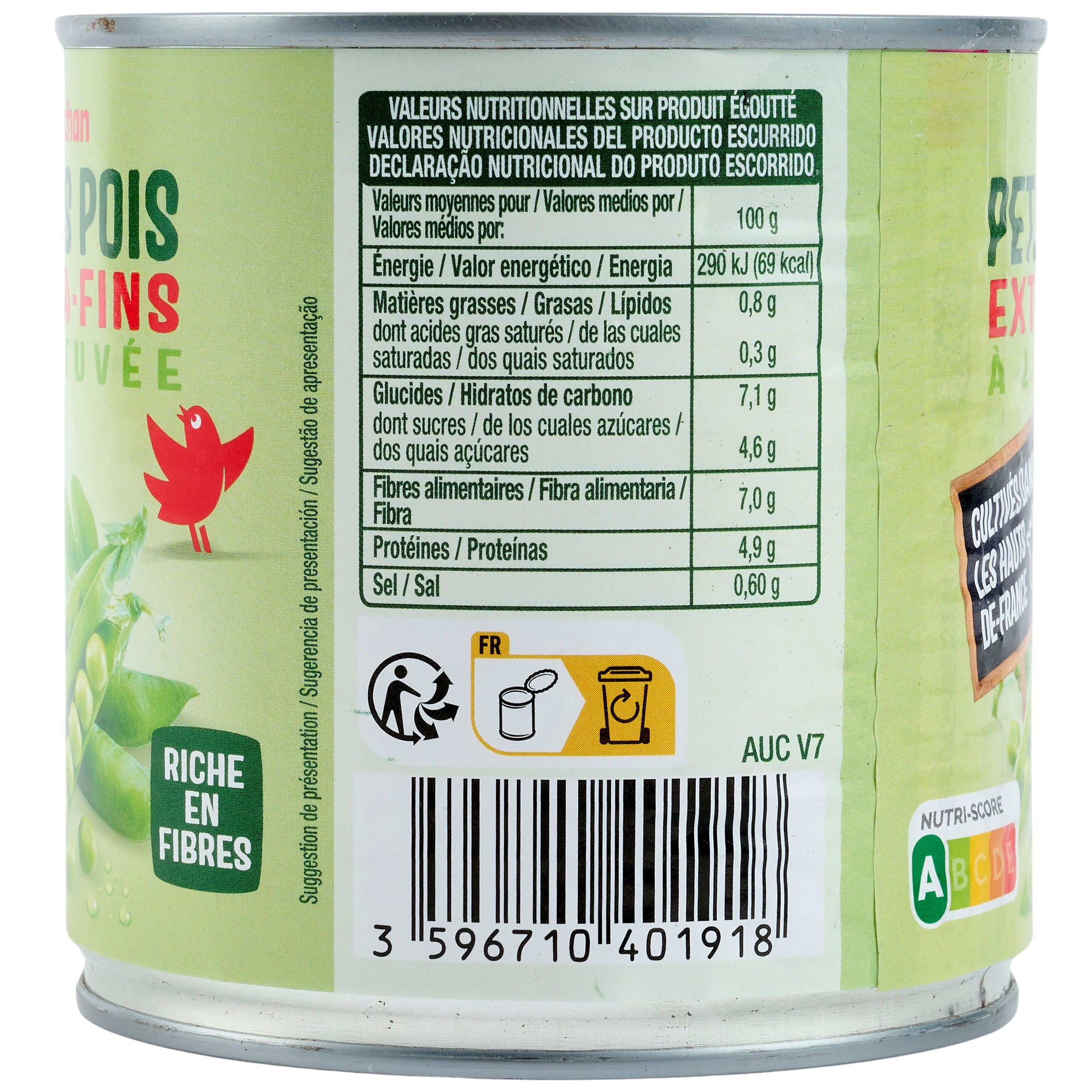 Voir la diapositive 2 : AUCHAN Petits pois à l'étuvée extra-fins 280g