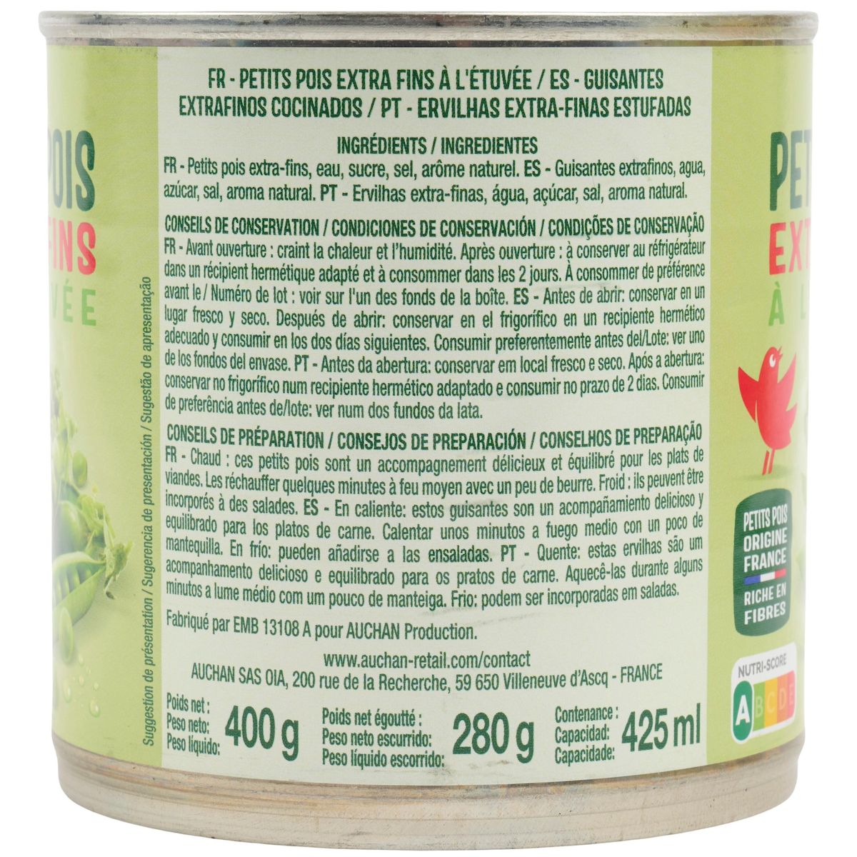 AUCHAN Petits pois à l'étuvée extra-fins 280g