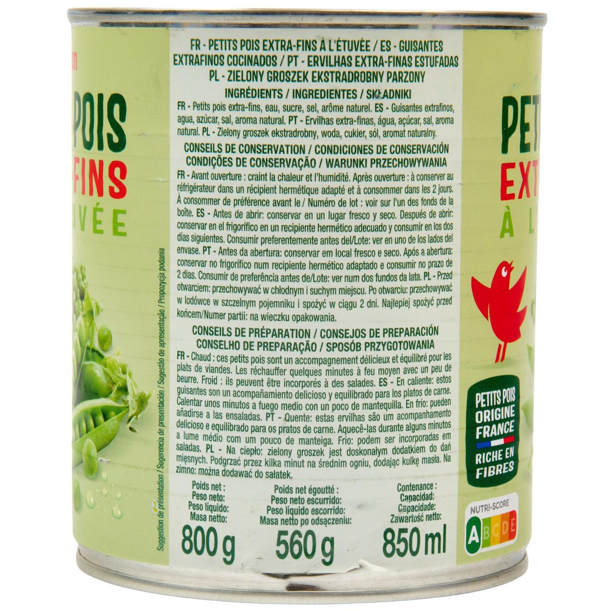 AUCHAN Petits pois à l'étuvée extra-fins 560g