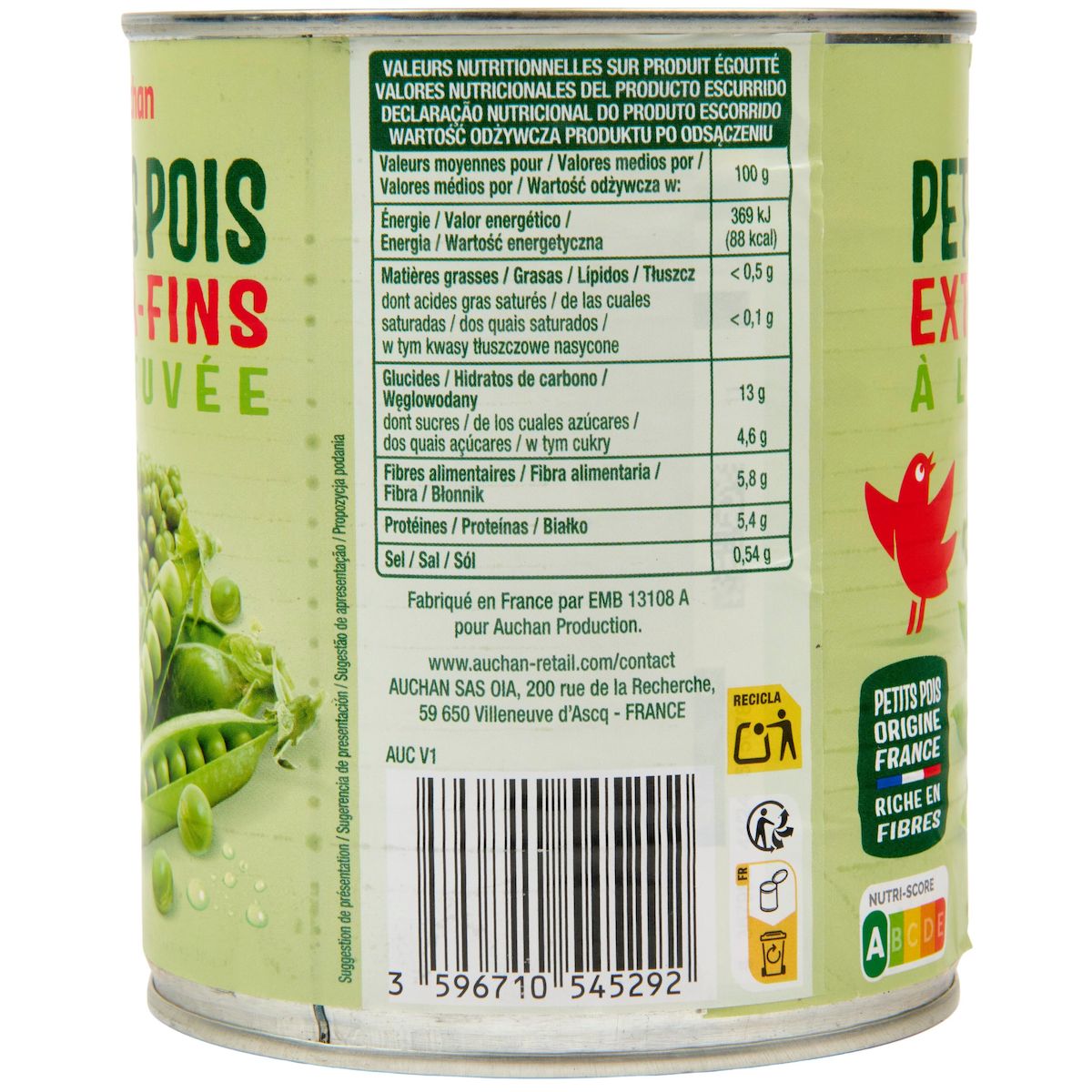 AUCHAN Petits pois à l'étuvée extra-fins 560g