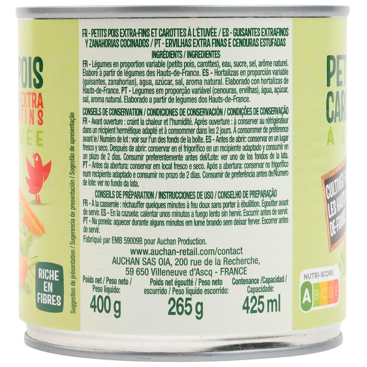 AUCHAN Petits pois carottes à l'étuvée extra-fins 265g
