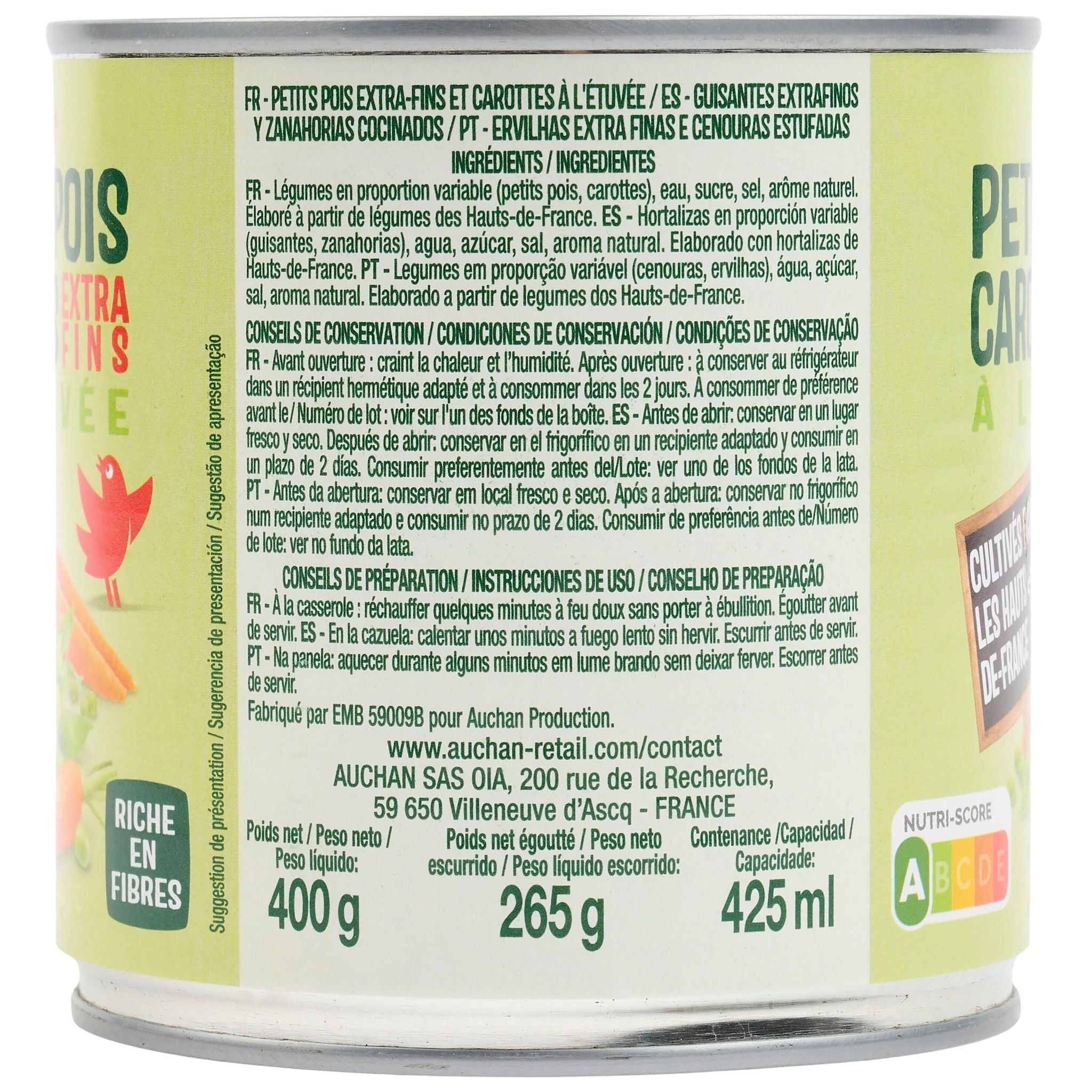 Voir la diapositive 2 : AUCHAN Petits pois carottes à l'étuvée extra-fins 265g