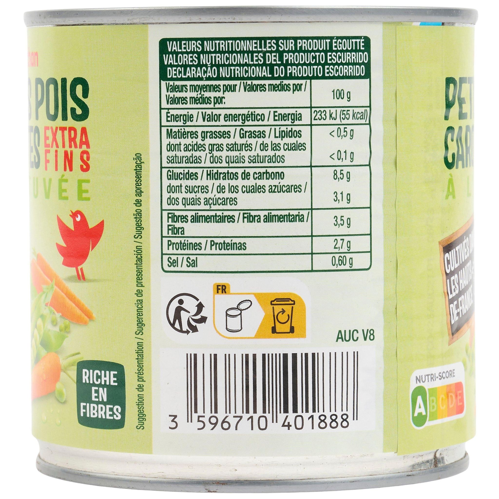 Voir la diapositive 3 : AUCHAN Petits pois carottes à l'étuvée extra-fins 265g