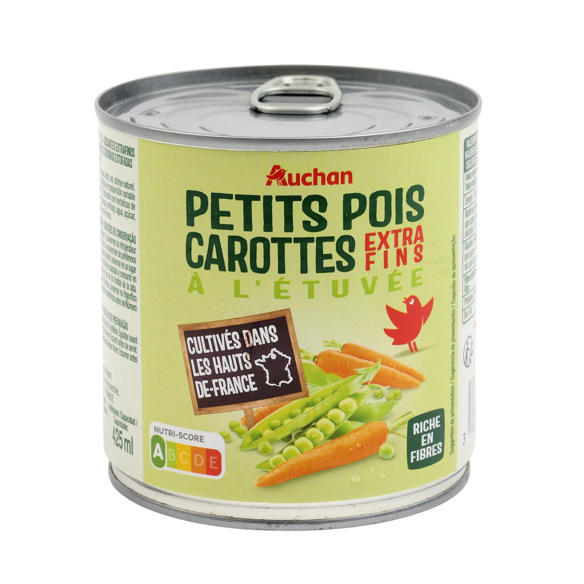 Voir la diapositive 4 : AUCHAN Petits pois carottes à l'étuvée extra-fins 265g